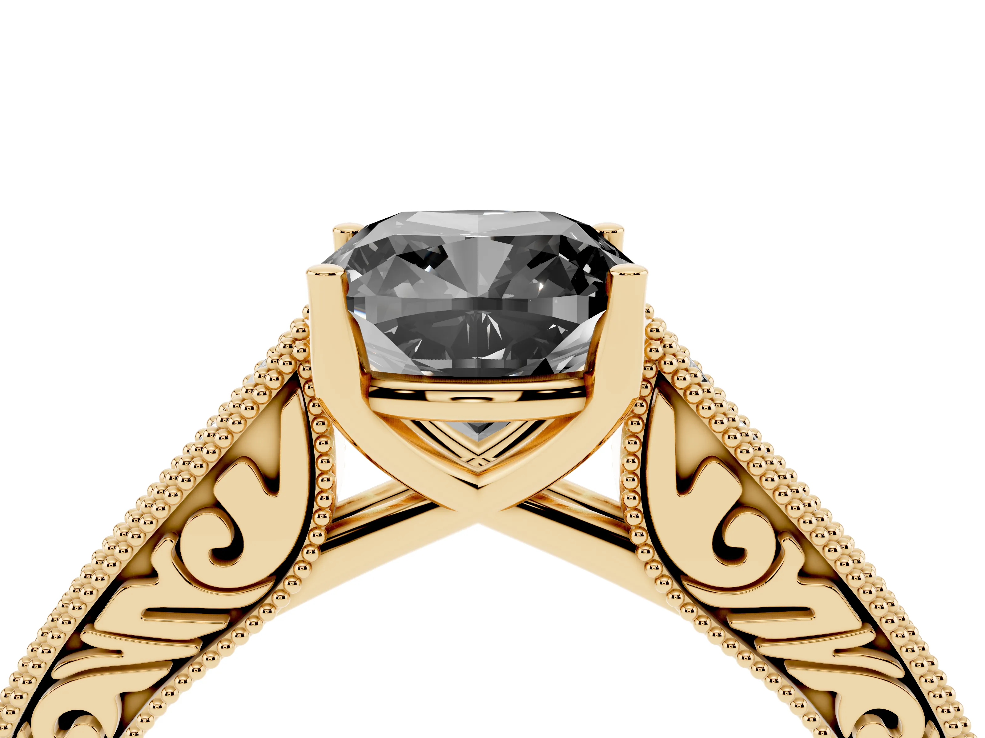 Fancy Black Cushion Cut Diamond Milgrain Pavé Band Solitaire Ring Set in Yellow gold with Prong Setting