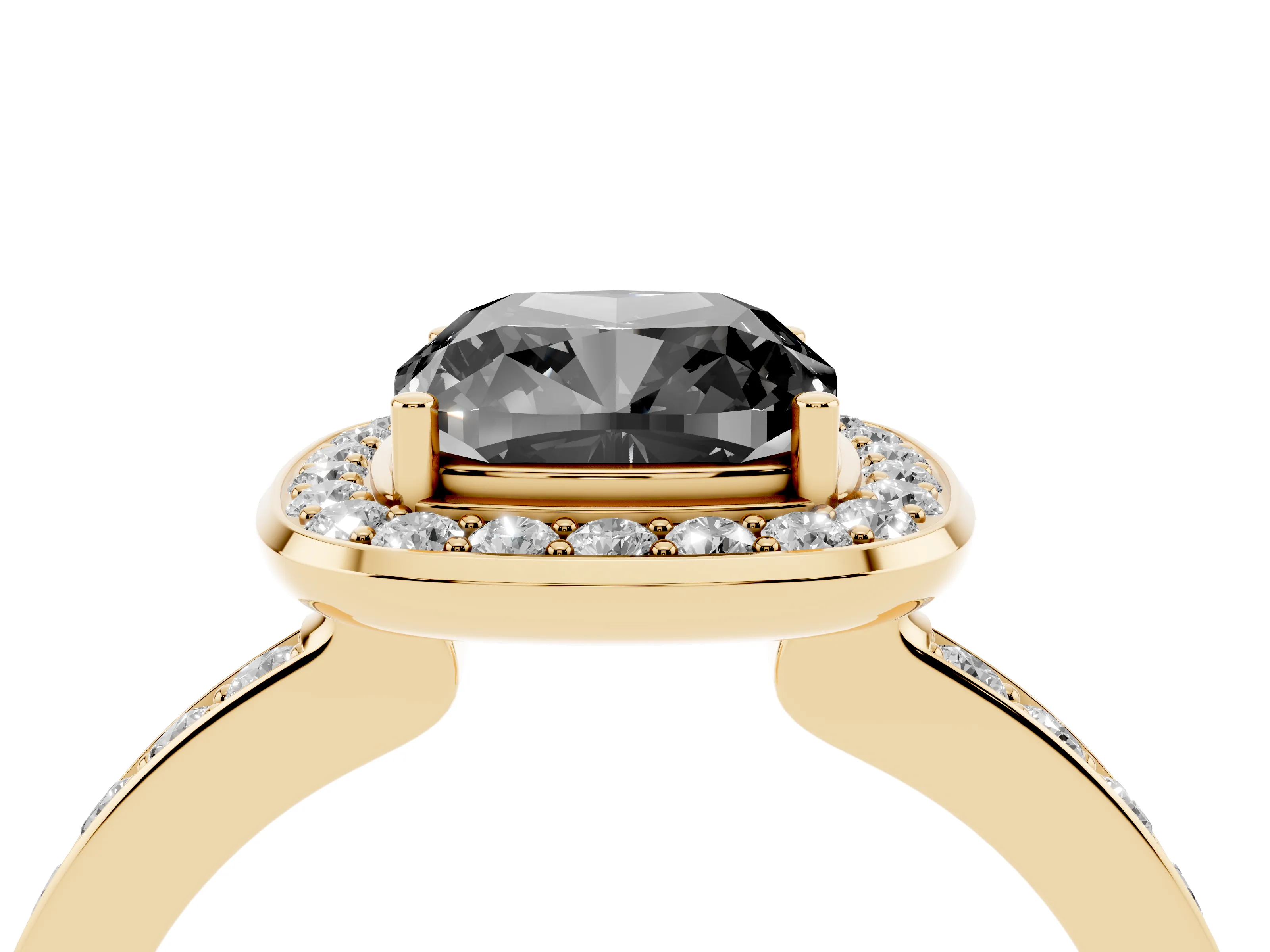 Fancy Black Cushion Cut Diamond Halo Ring Set in Yellow gold with Bezel Frame and Pavé Band