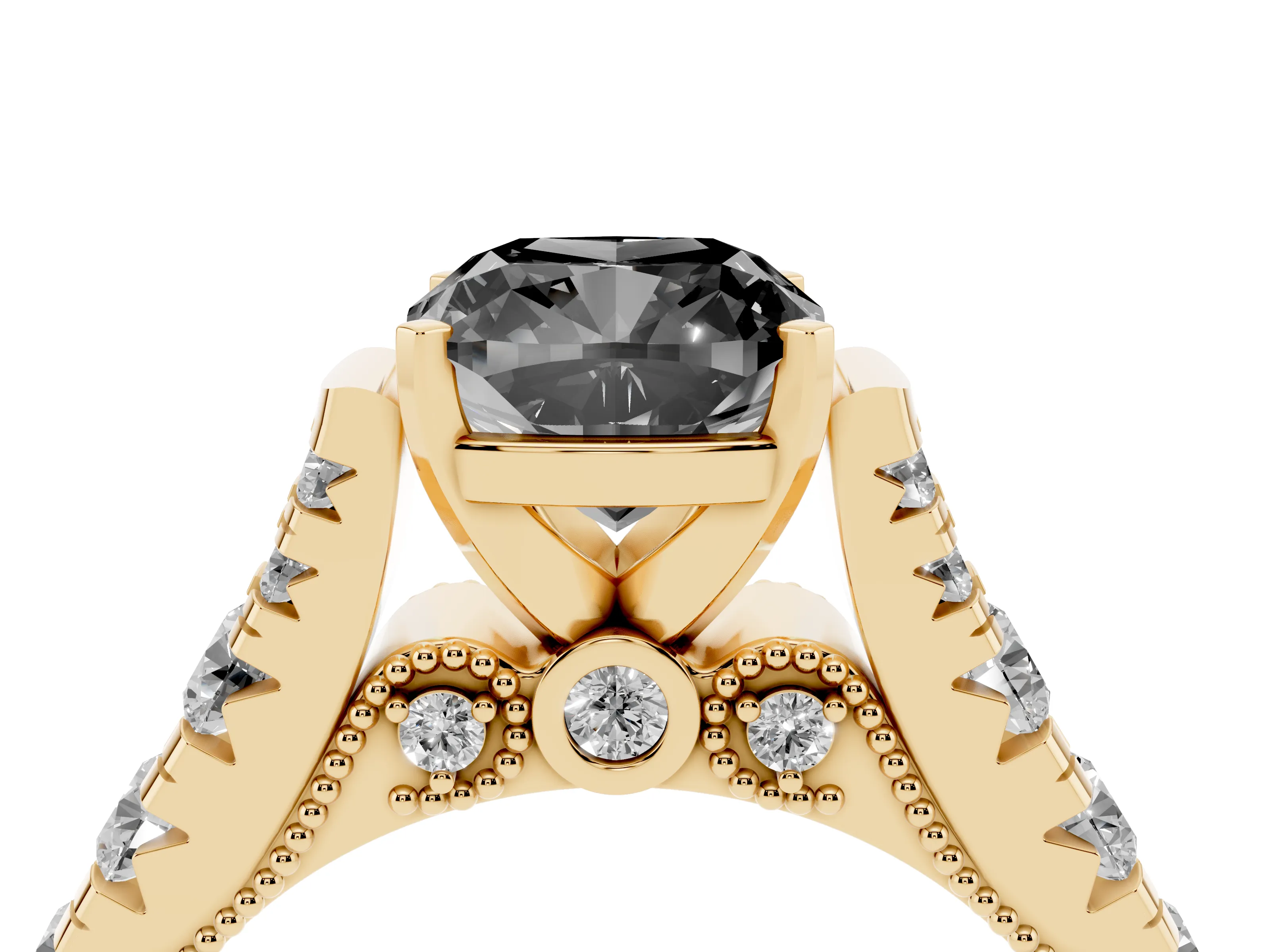 Fancy Black Cushion Cut Diamond Classic Solitaire Ring Set in Yellow gold with Pavé Band and Prong Setting
