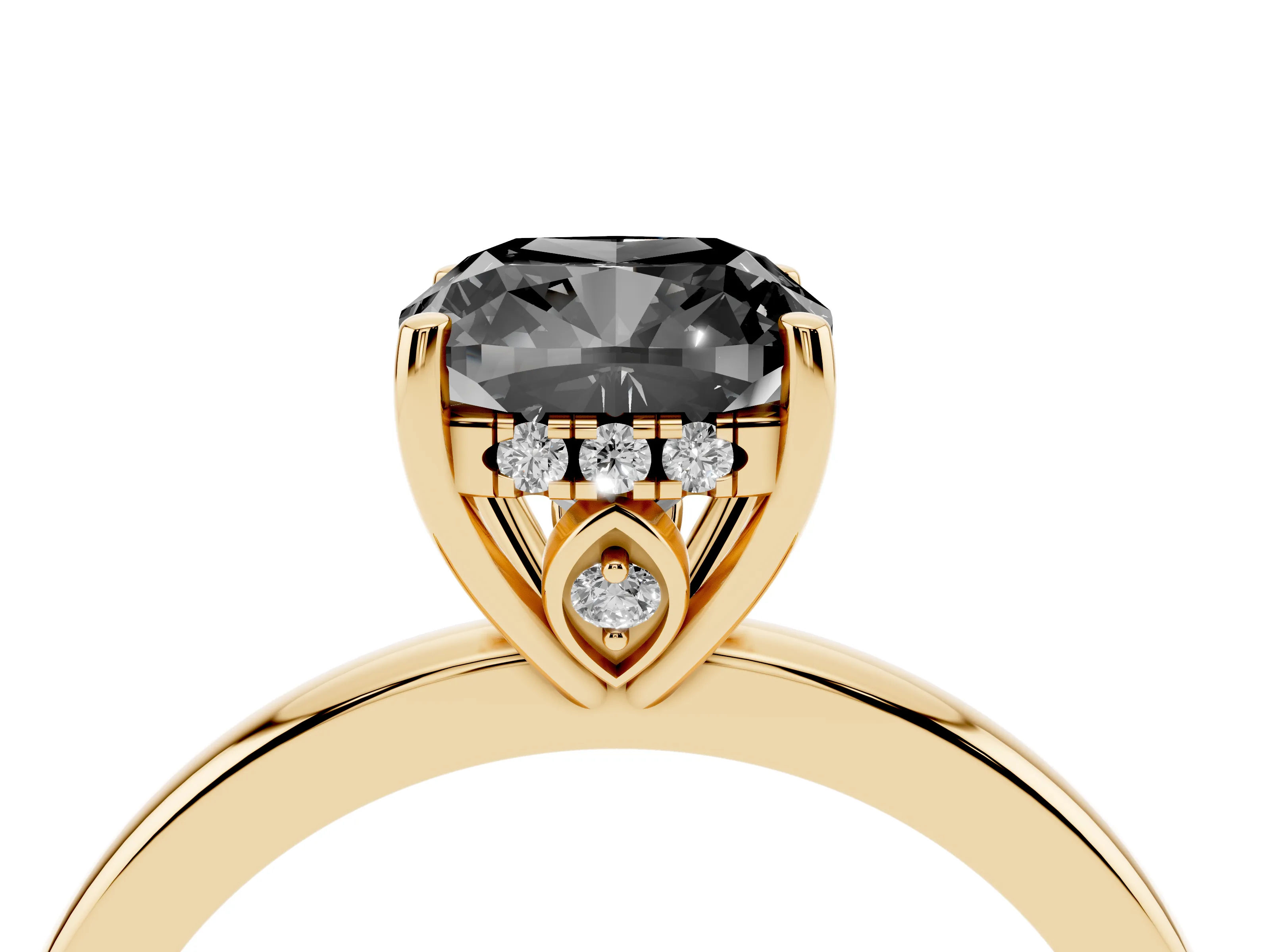Fancy Black Cushion Cut Diamond Solitaire Ring Set in Yellow gold with Plain Band and Prong Setting