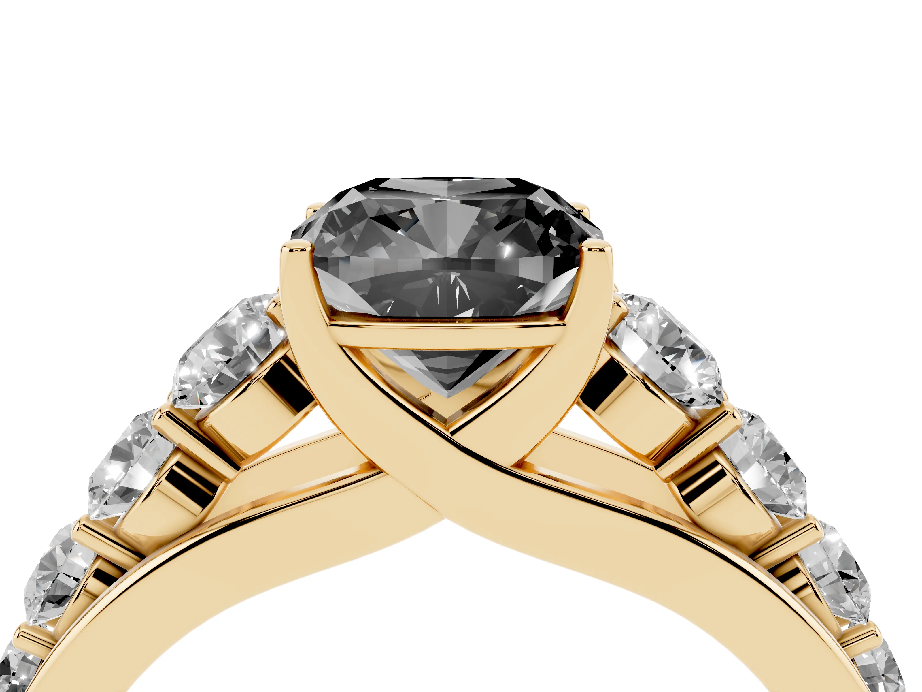 Fancy Black Cushion Cut Diamond Solitaire Ring Set in Yellow gold with Pavé-Set Band and Prong Setting