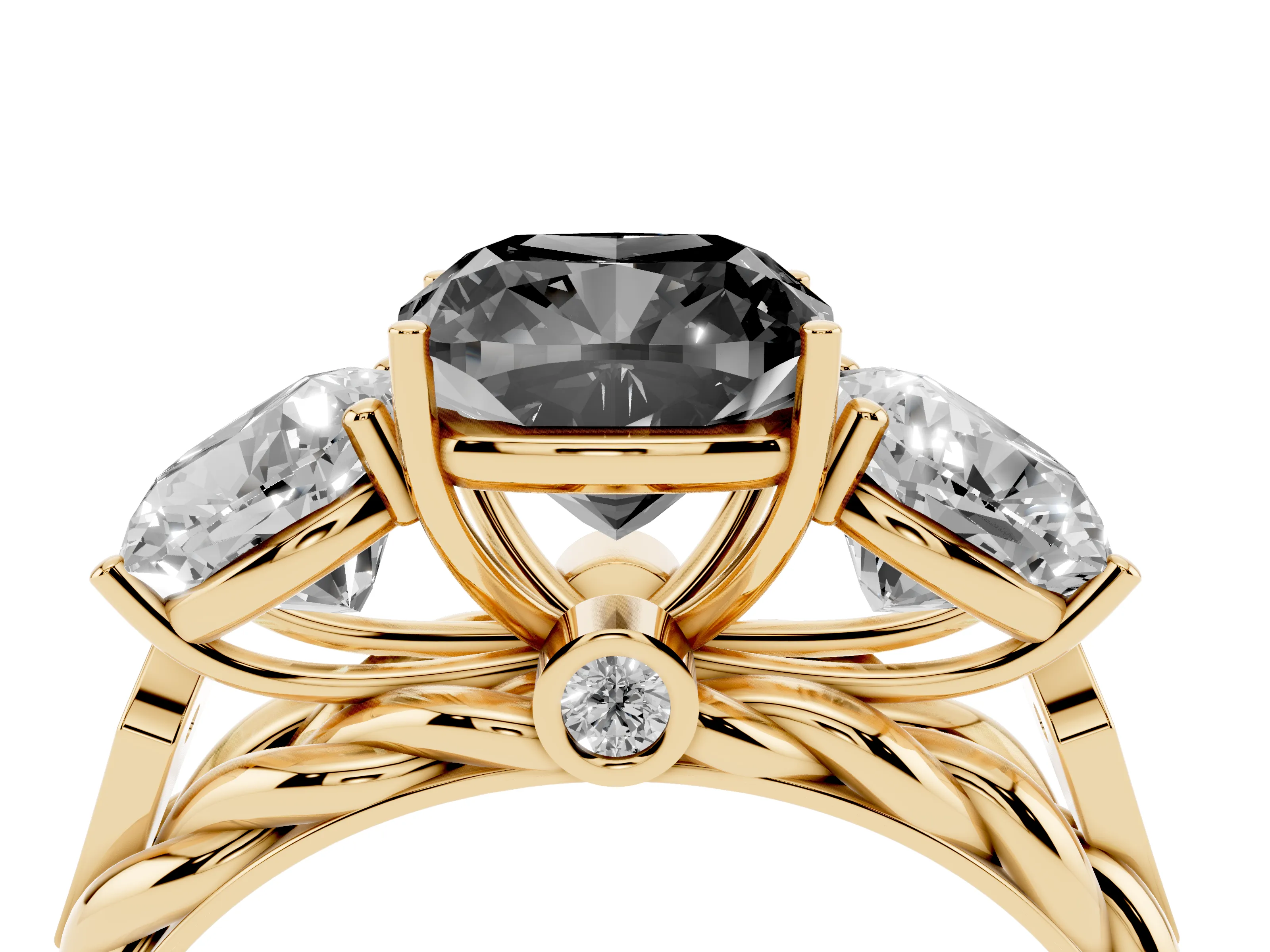 Fancy Black Cushion Cut Diamond Three-Stone Ring Set in Yellow gold with Braided Band