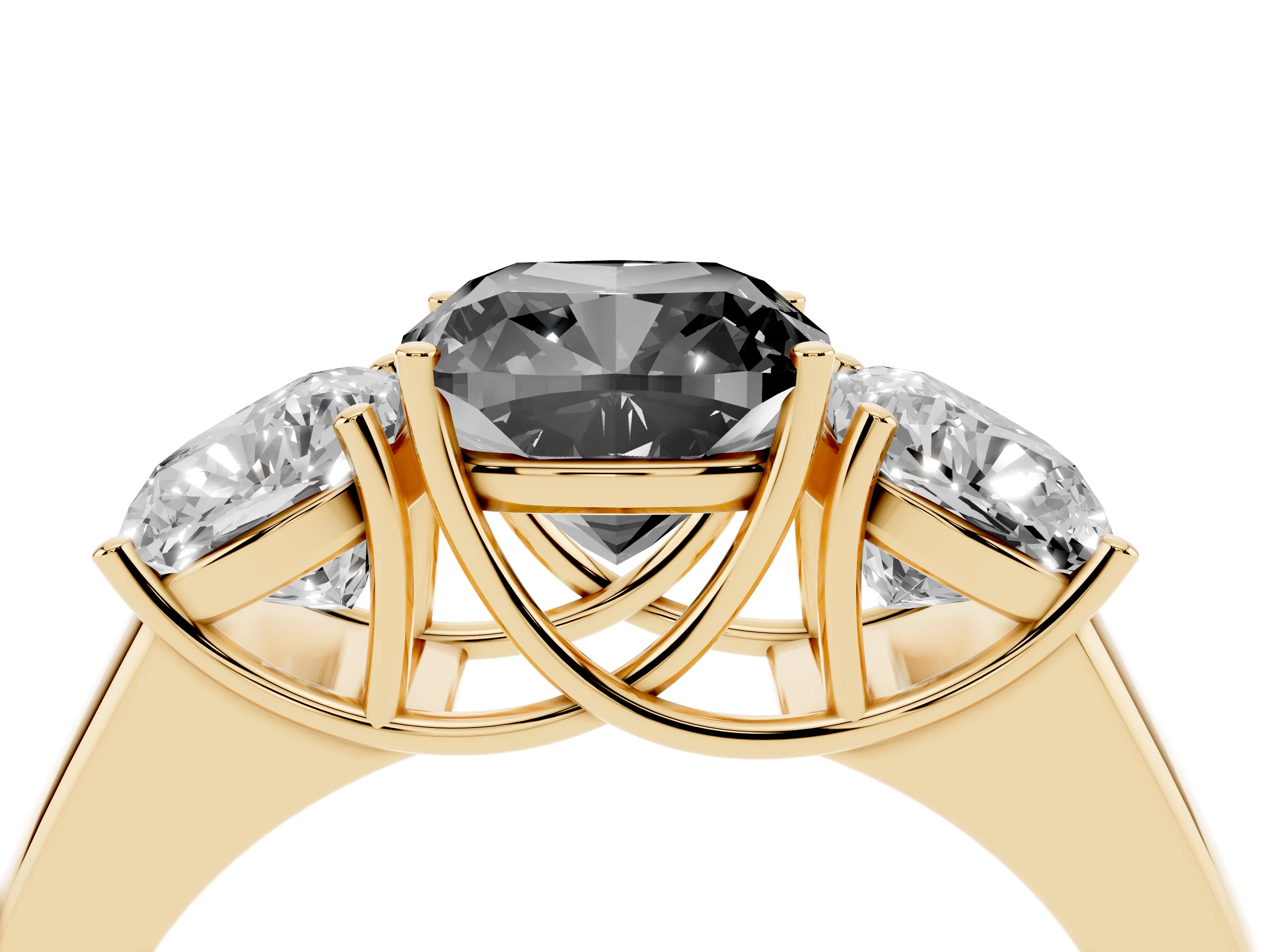 Fancy Black Three-Stone Cushion Cut Diamond Ring Set in Yellow gold with Matching Prong Settings and Plain Band