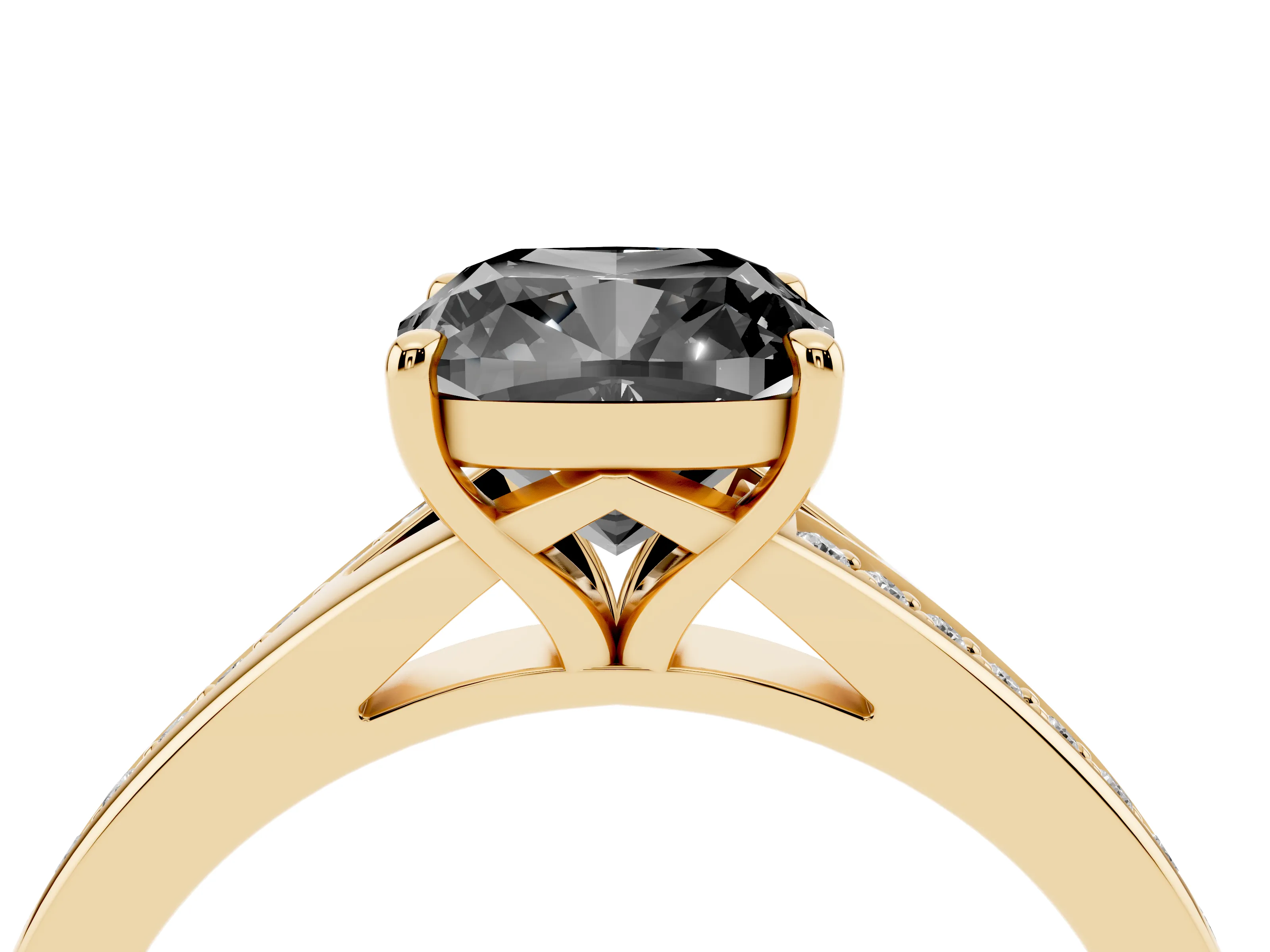 Fancy Black Cushion Cut Diamond Solitaire Ring Set in Yellow gold with Pavé Accent Band and Classic Prong Setting