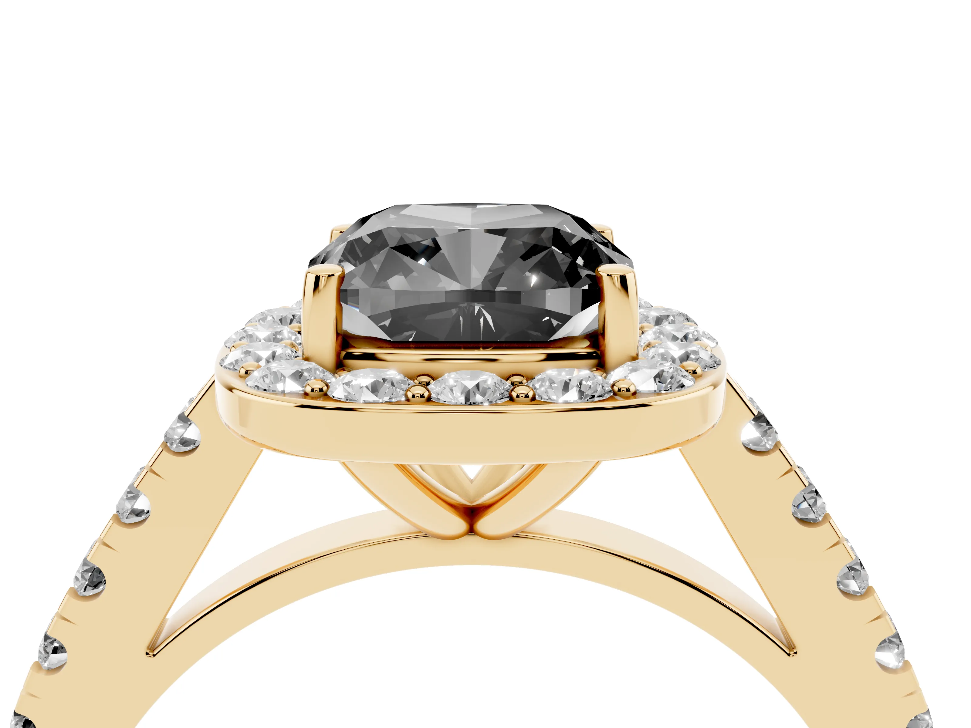 Fancy Black Cushion Cut Diamond Halo Ring Set in Yellow gold with Round Pavé Split Shank and Prong Setting