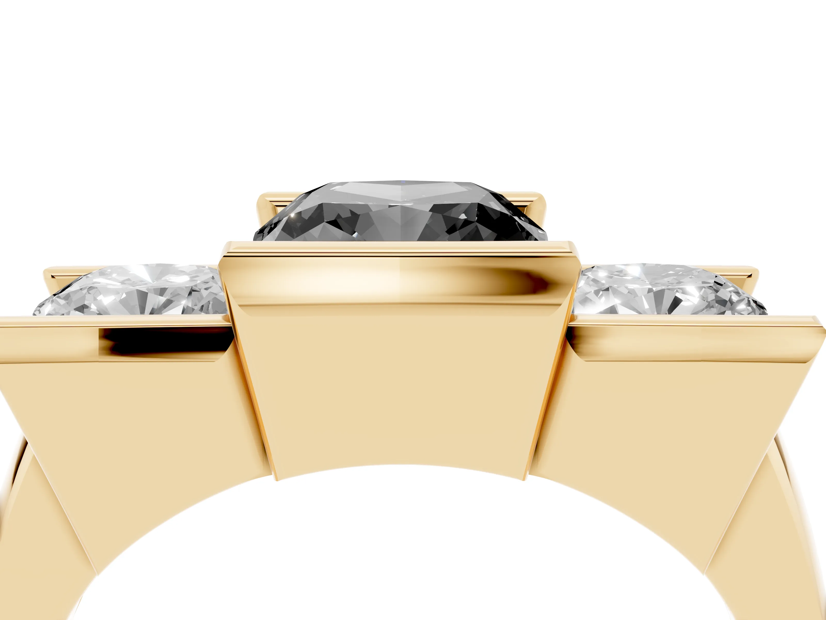 Fancy Black Cushion Cut Diamond Three-Stone Channel Set Ring Set in Yellow gold with Smooth Polished Band