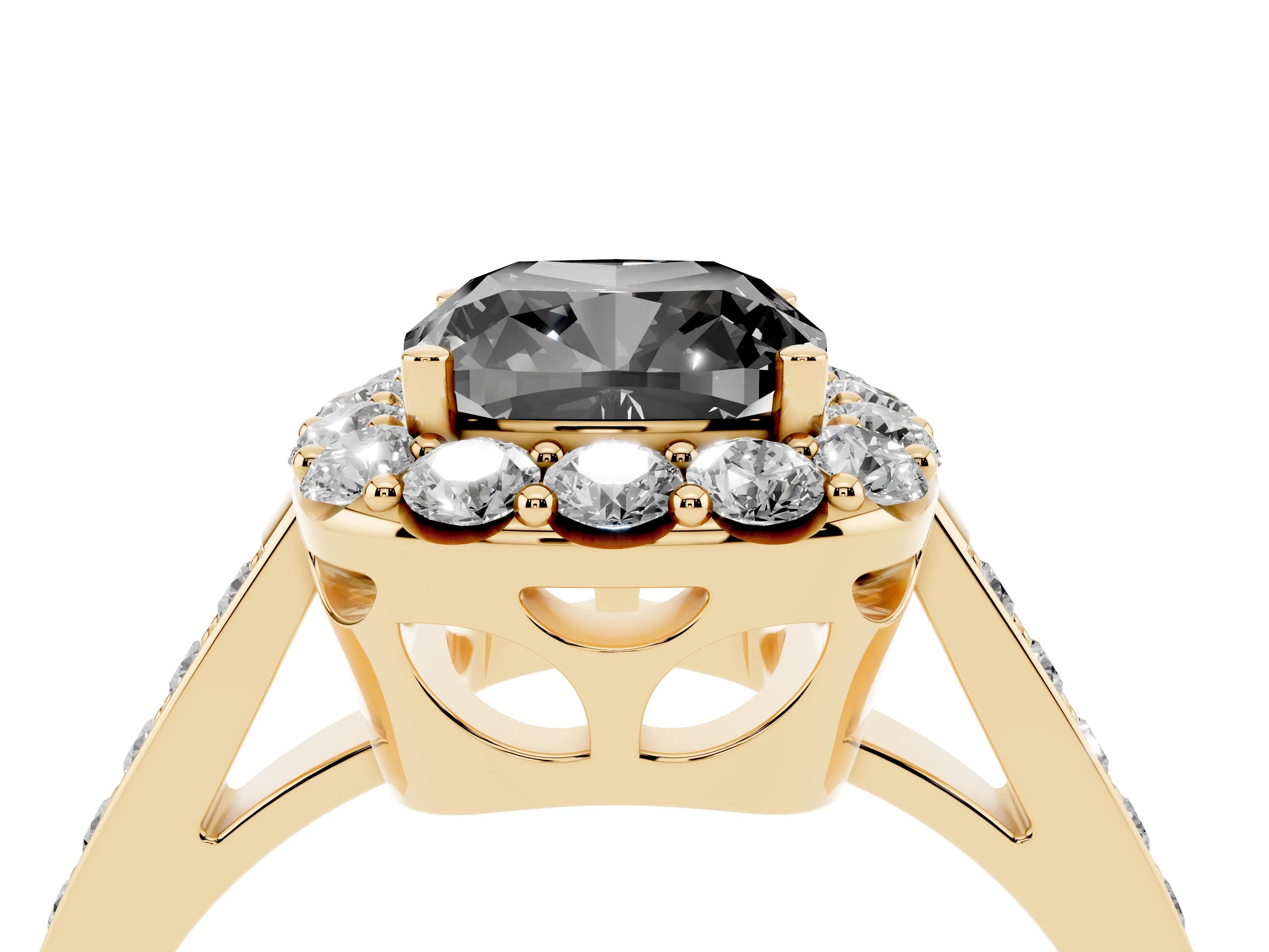 Fancy Black Cushion Cut Diamond Floral Halo Ring Set in Yellow gold with Pavé Band and Prong Setting