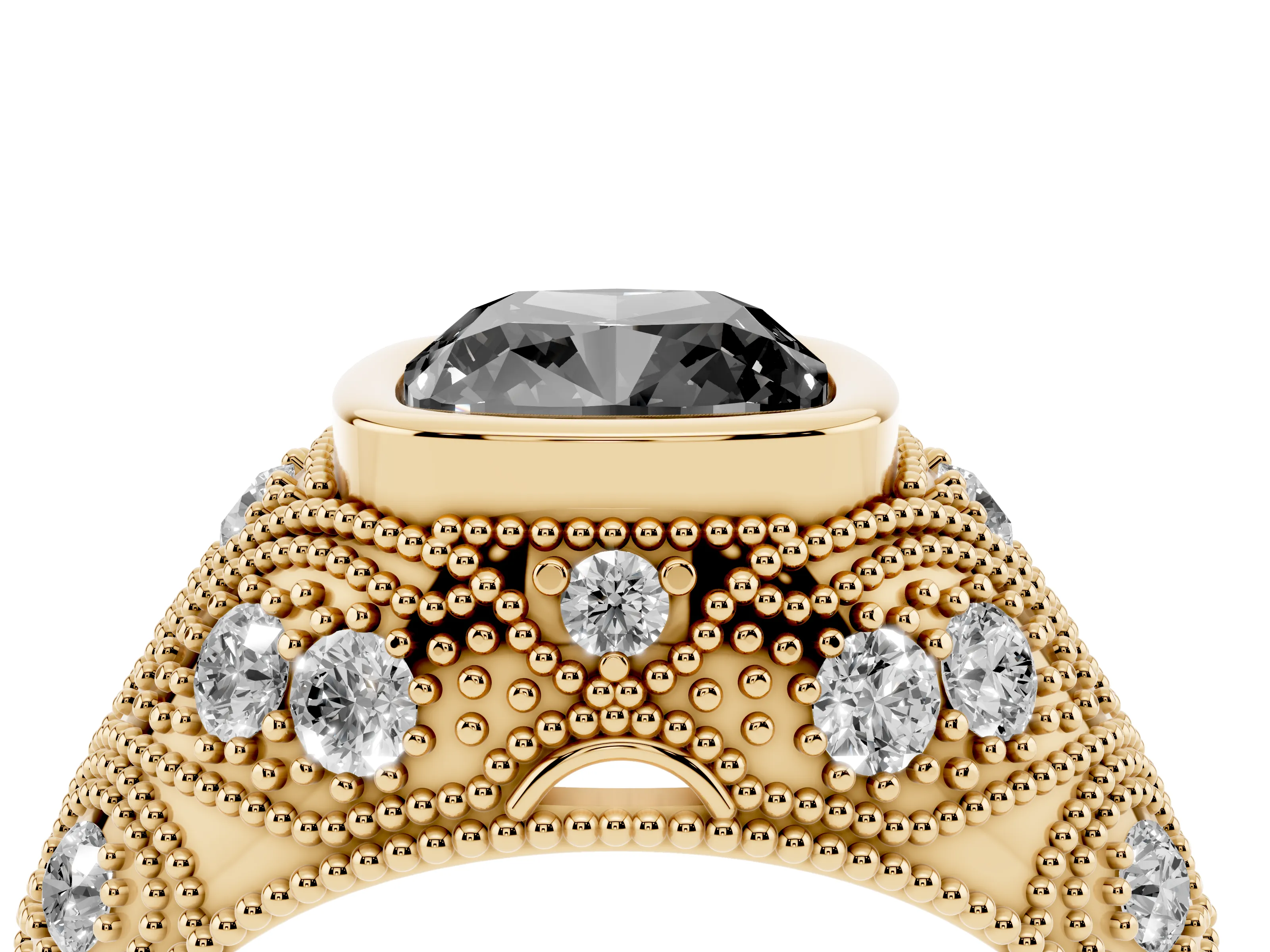 Fancy Black Cushion Cut Diamond Bezel Ring Set in Yellow gold with Milgrain Accent Band