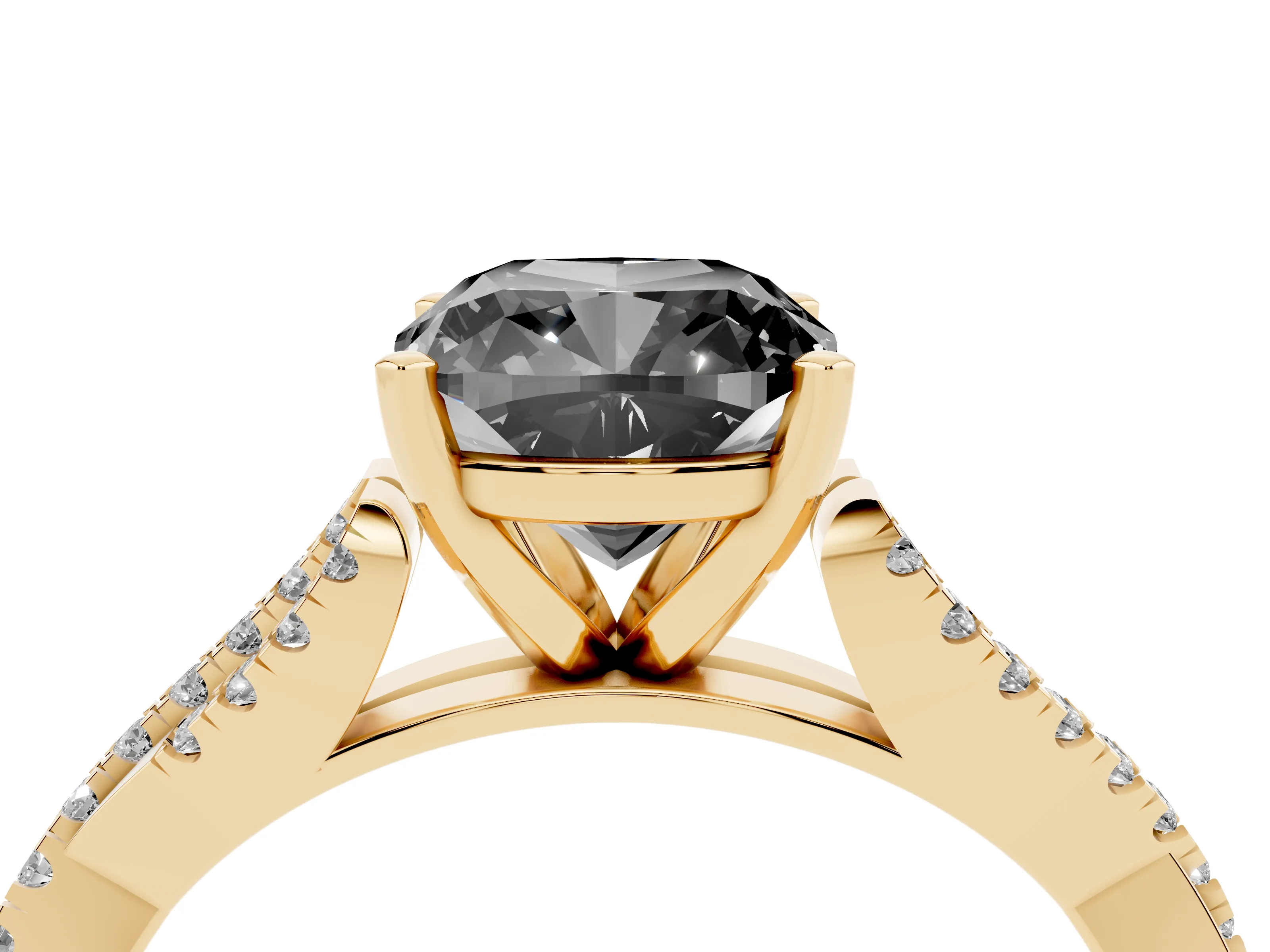 Fancy Black Cushion Cut Diamond Solitaire Engagement Ring Set in Yellow gold with Twisted Pavé Band and Prong Setting