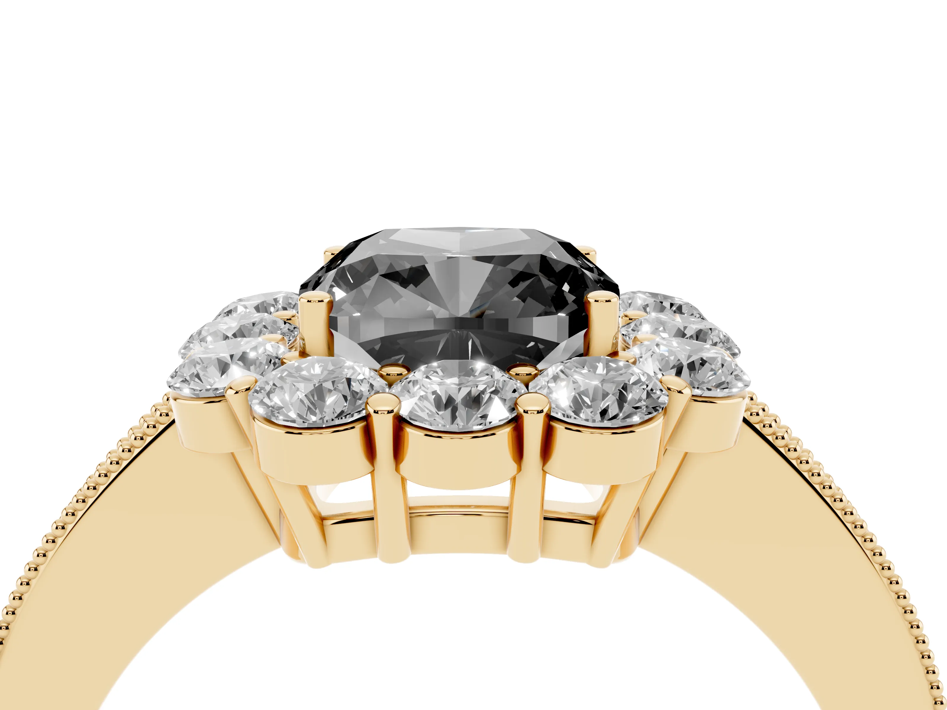 Fancy Black Cushion Cut Diamond Halo Pavé Engagement Ring Set in Yellow gold with Milgrain Detailing