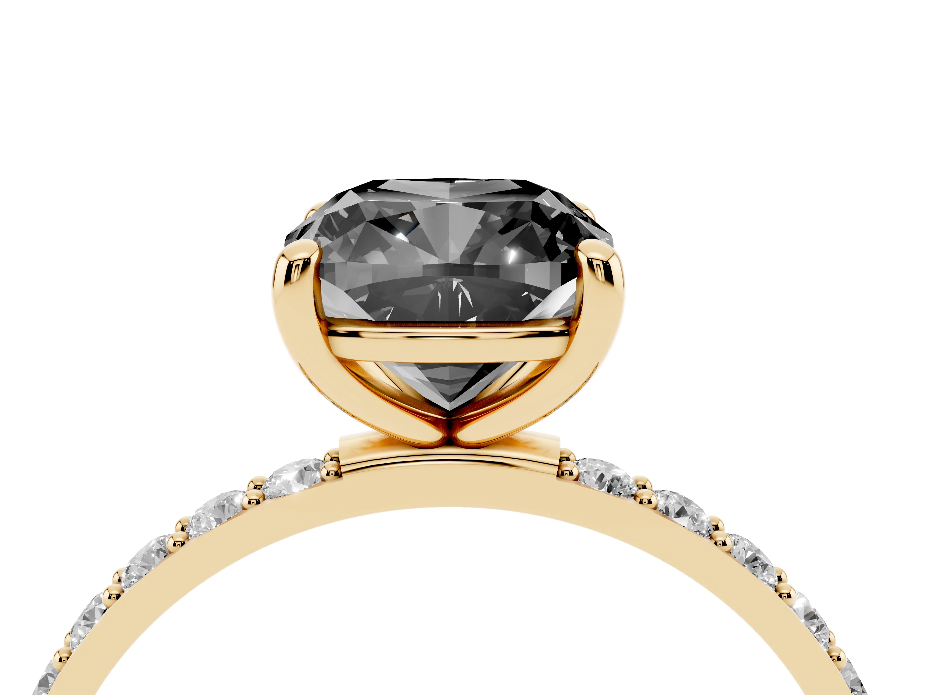 Fancy Black Cushion Cut Diamond Solitaire Ring Set in Yellow gold with Round Pavé Band and Prong Setting