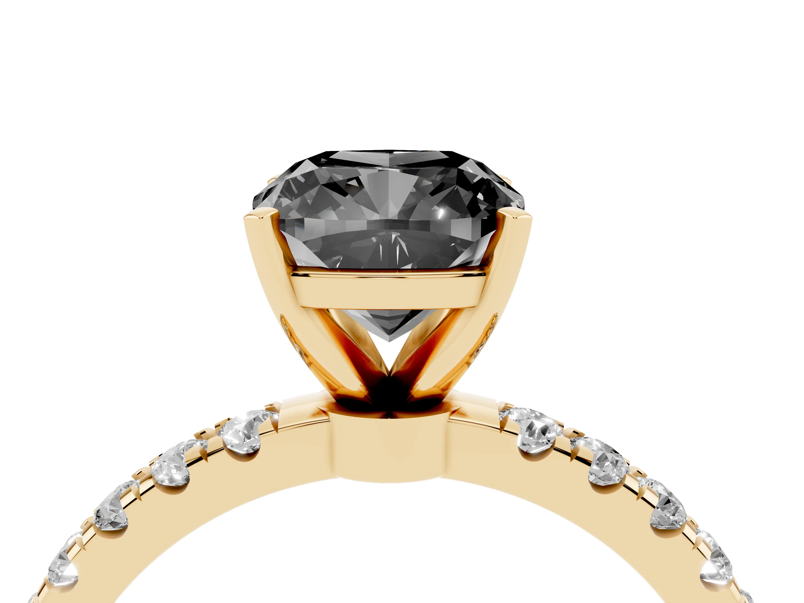 Fancy Black Cushion Cut Diamond Solitaire Ring Set in Yellow gold with Pavé Accents and Prong Setting