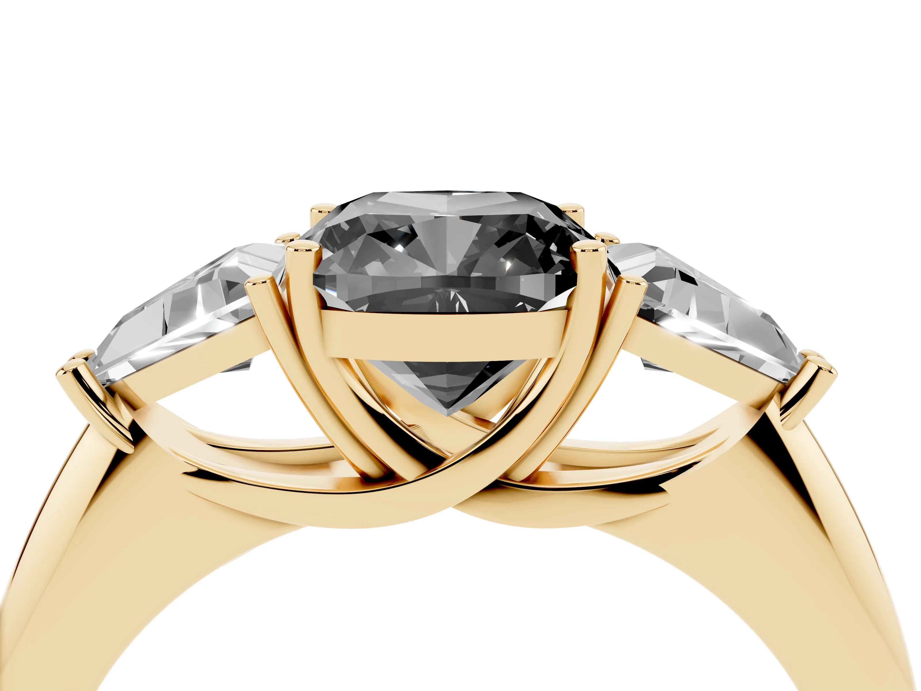 Fancy Black Cushion Cut Diamond Three-Stone Engagement Ring Set in Yellow gold with Trillion Side Stones