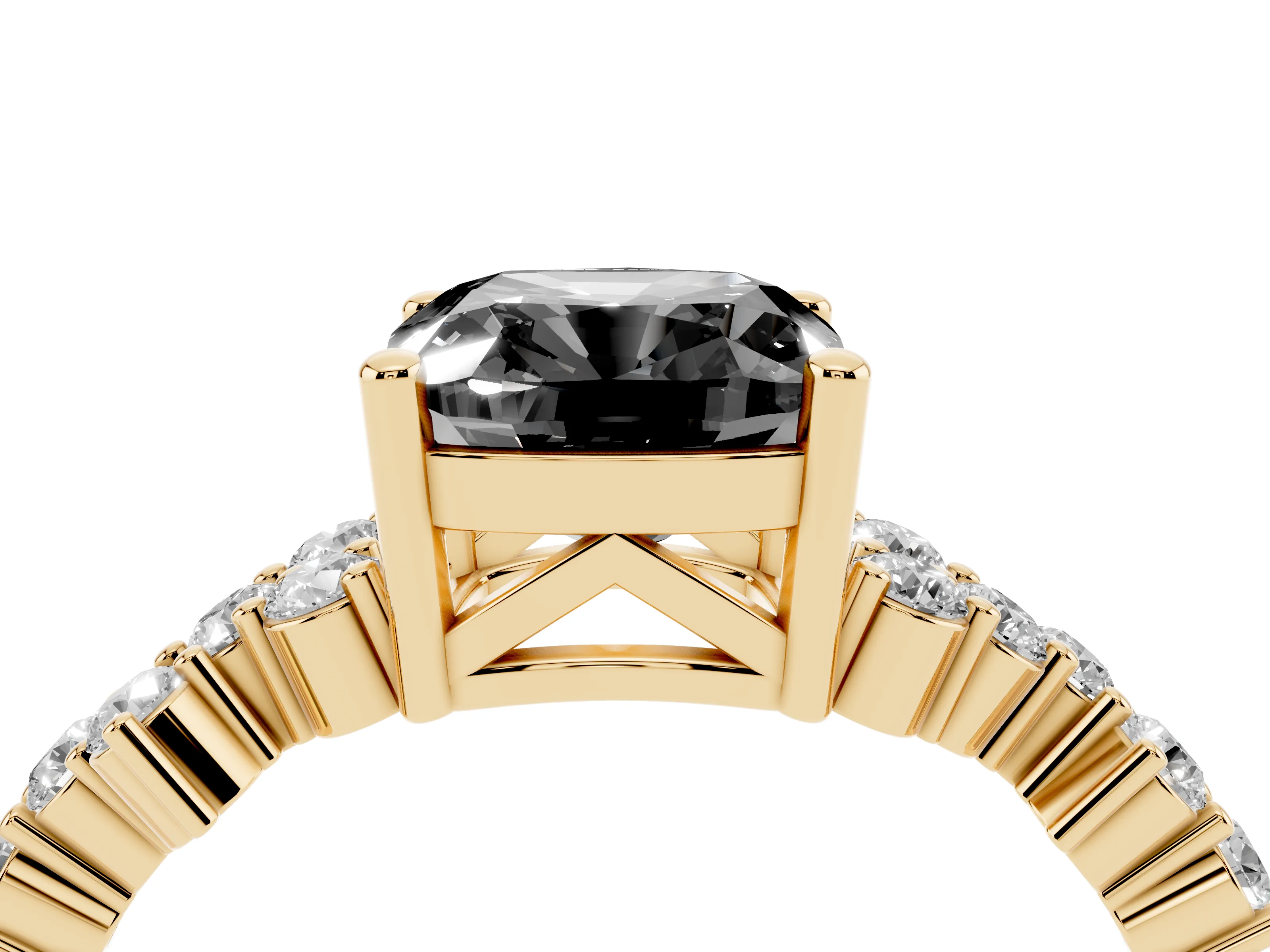 Fancy Black Cushion Cut Diamond Ring Set in Yellow gold with Scattered Round Accents