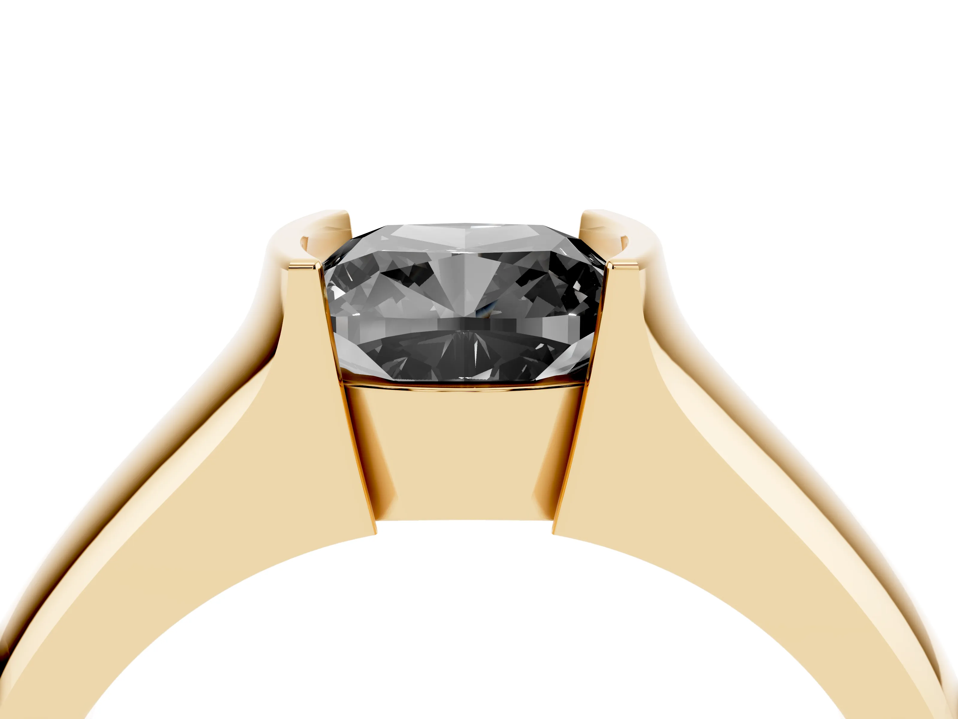 Fancy Black Cushion Cut Diamond Bezel Solitaire Ring Set in Yellow gold with Wide Band