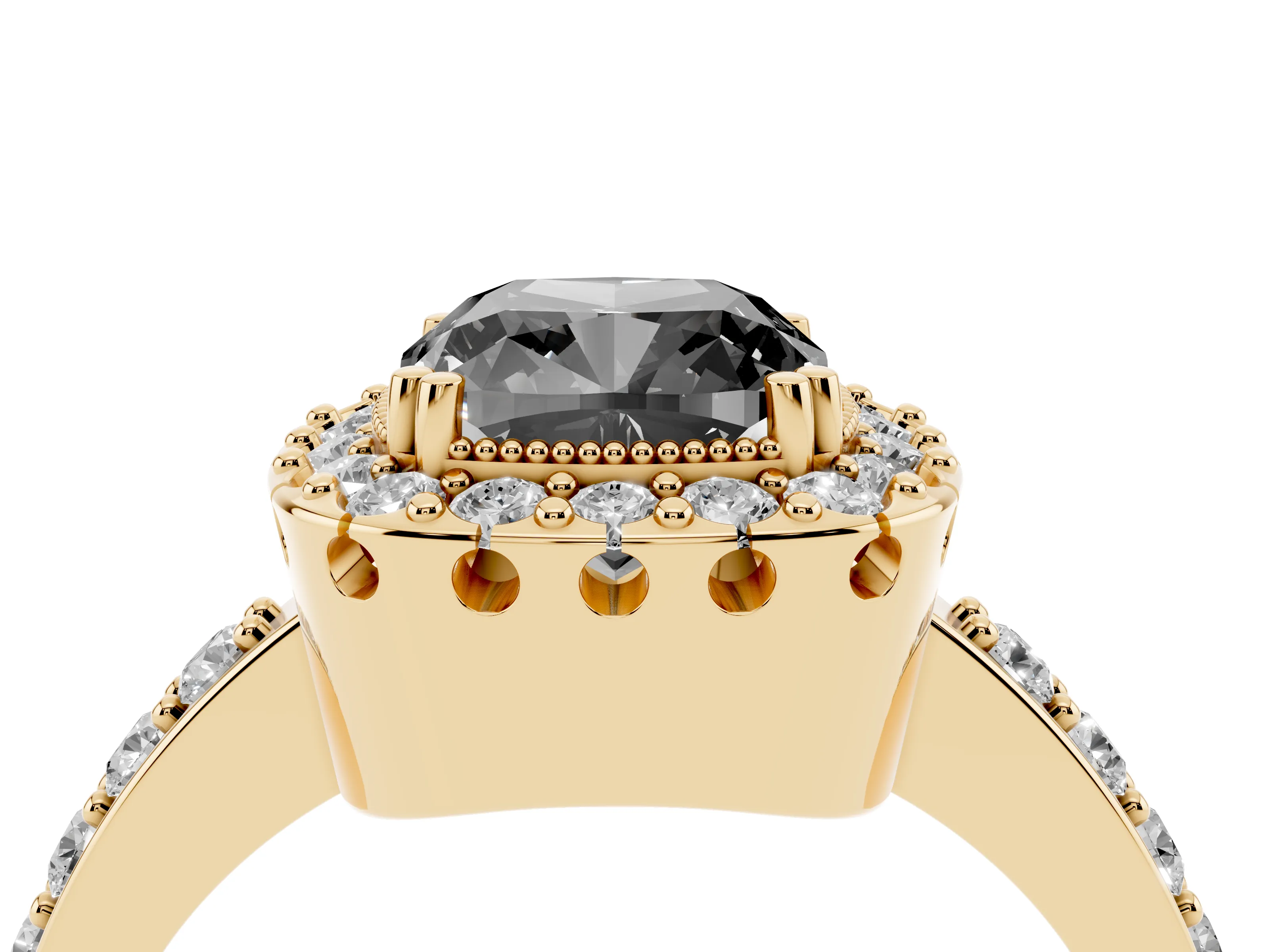 Fancy Black Cushion Cut Diamond Halo Ring Set in Yellow gold with Pavé Shank and Prong Setting