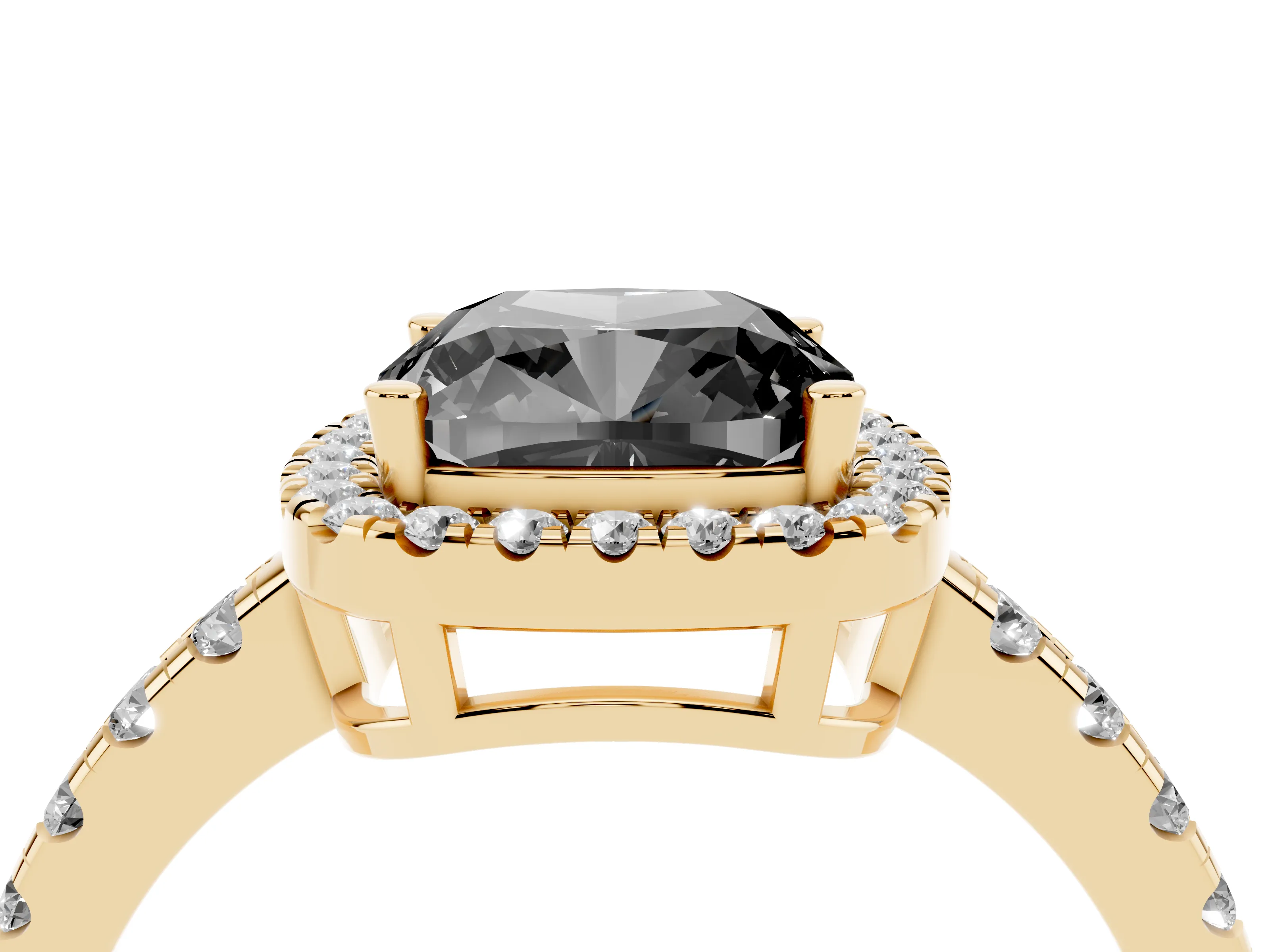Fancy Black Cushion Cut Diamond Halo Ring Set in Yellow gold with Delicate Pavé Band and Prong Setting