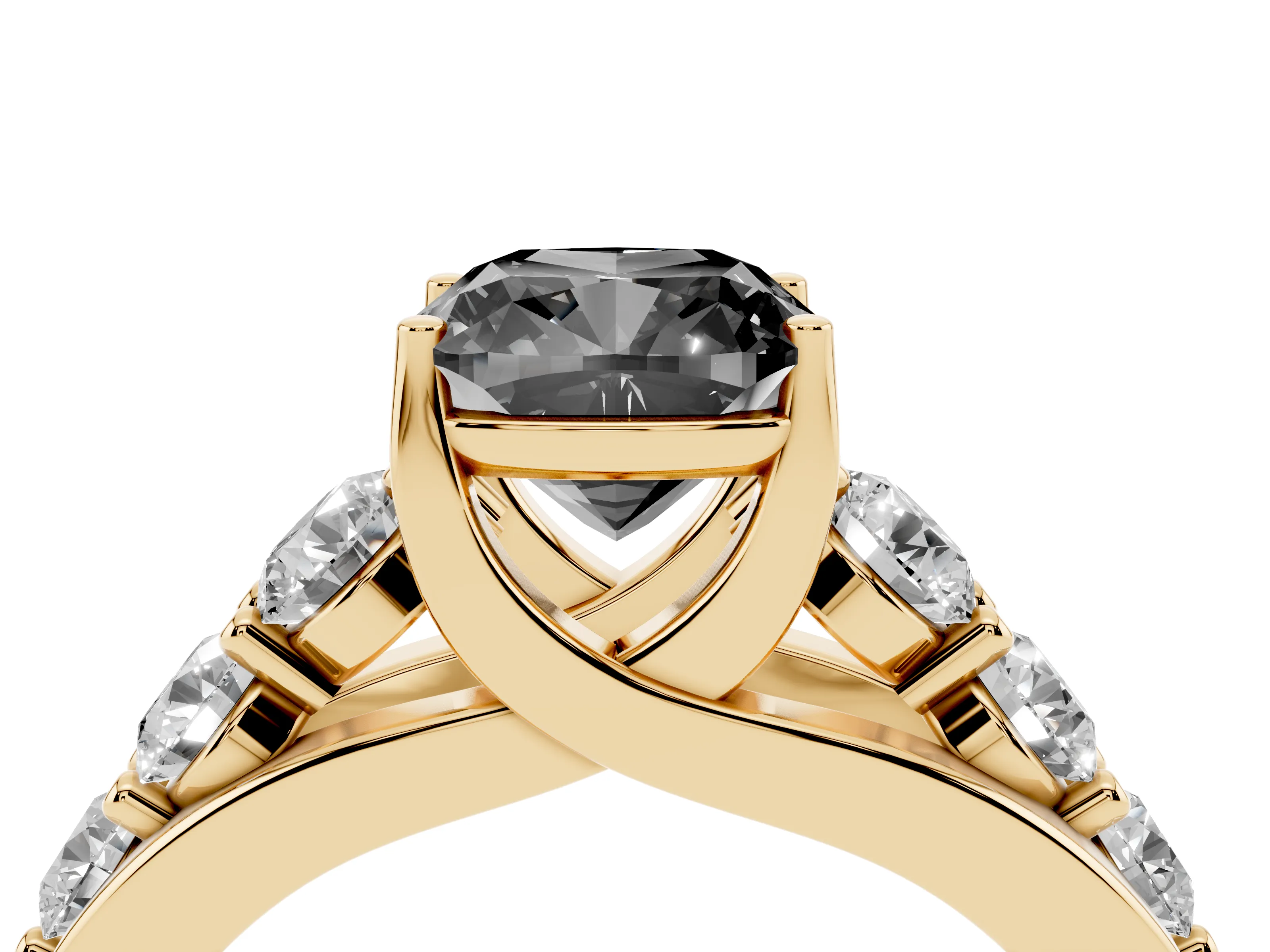 Fancy Black Cushion Cut Diamond Pavé Engagement Ring Set in Yellow gold with Prong Setting