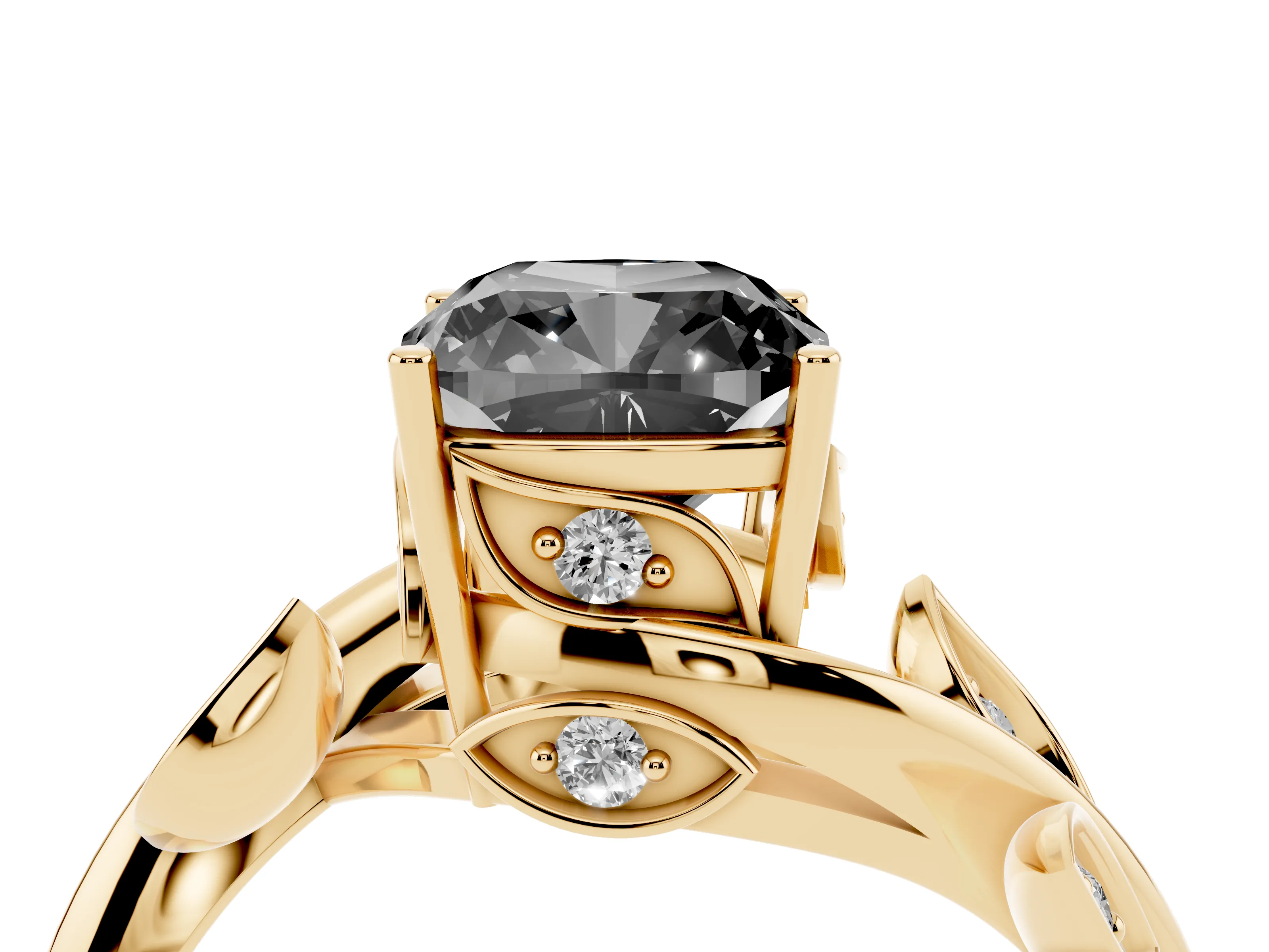 Fancy Black Cushion Cut Diamond Solitaire Twist Engagement Ring Set in Yellow gold with Pavé Leaf Accents
