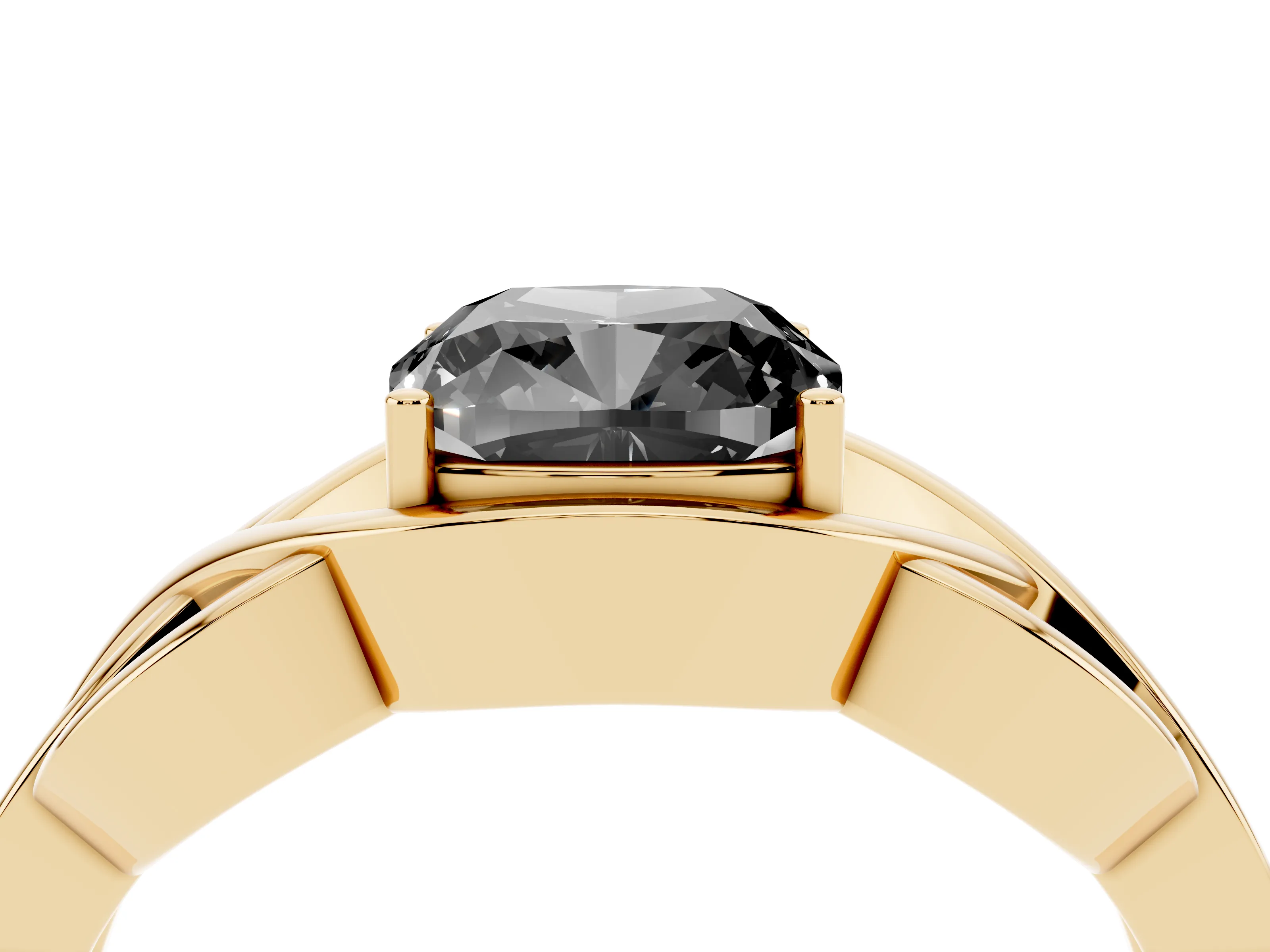 Fancy Black Cushion Cut Diamond Solitaire Ring Set in Yellow gold with Intertwined Band