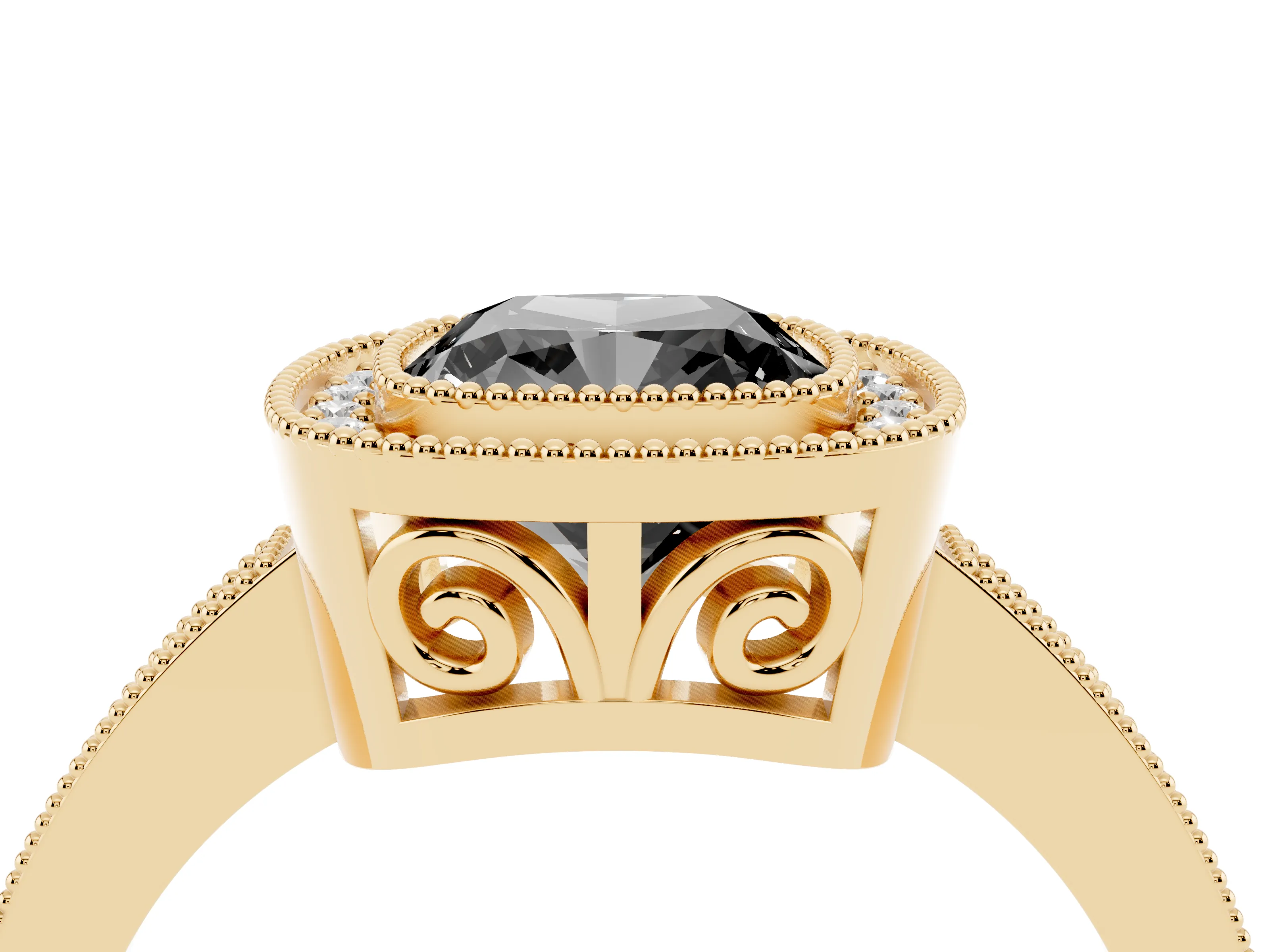 Fancy Black Cushion Cut Diamond Round Halo Ring Set in Yellow gold with Pavé Band