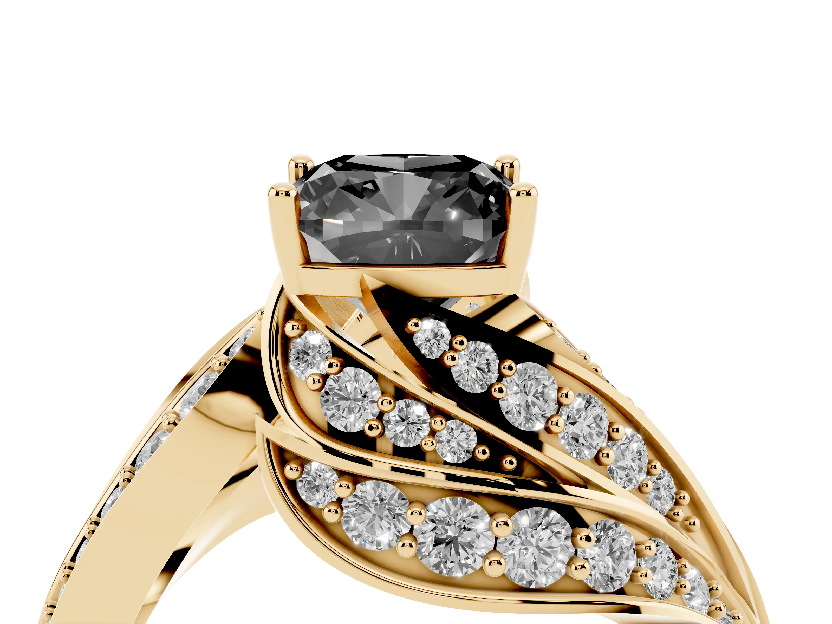 Fancy Black Cushion Cut Diamond Solitaire Ring Set in Yellow gold with Layered Twist Pavé Band