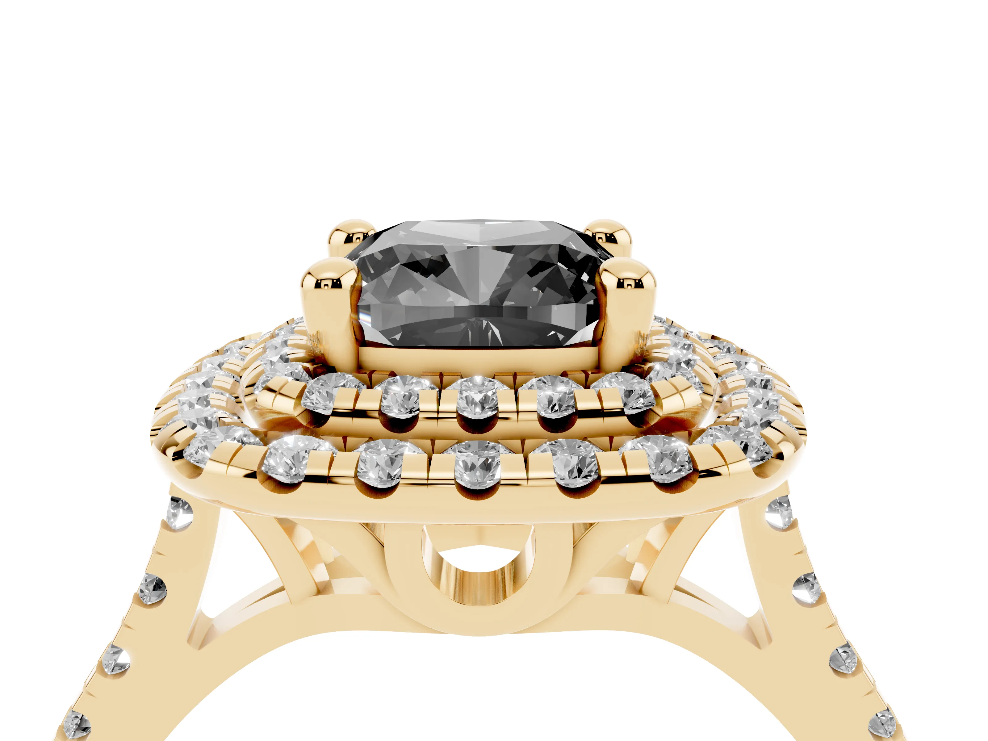 Fancy Black Cushion Cut Diamond Double Halo Statement Ring Set in Yellow gold with Pavé Band