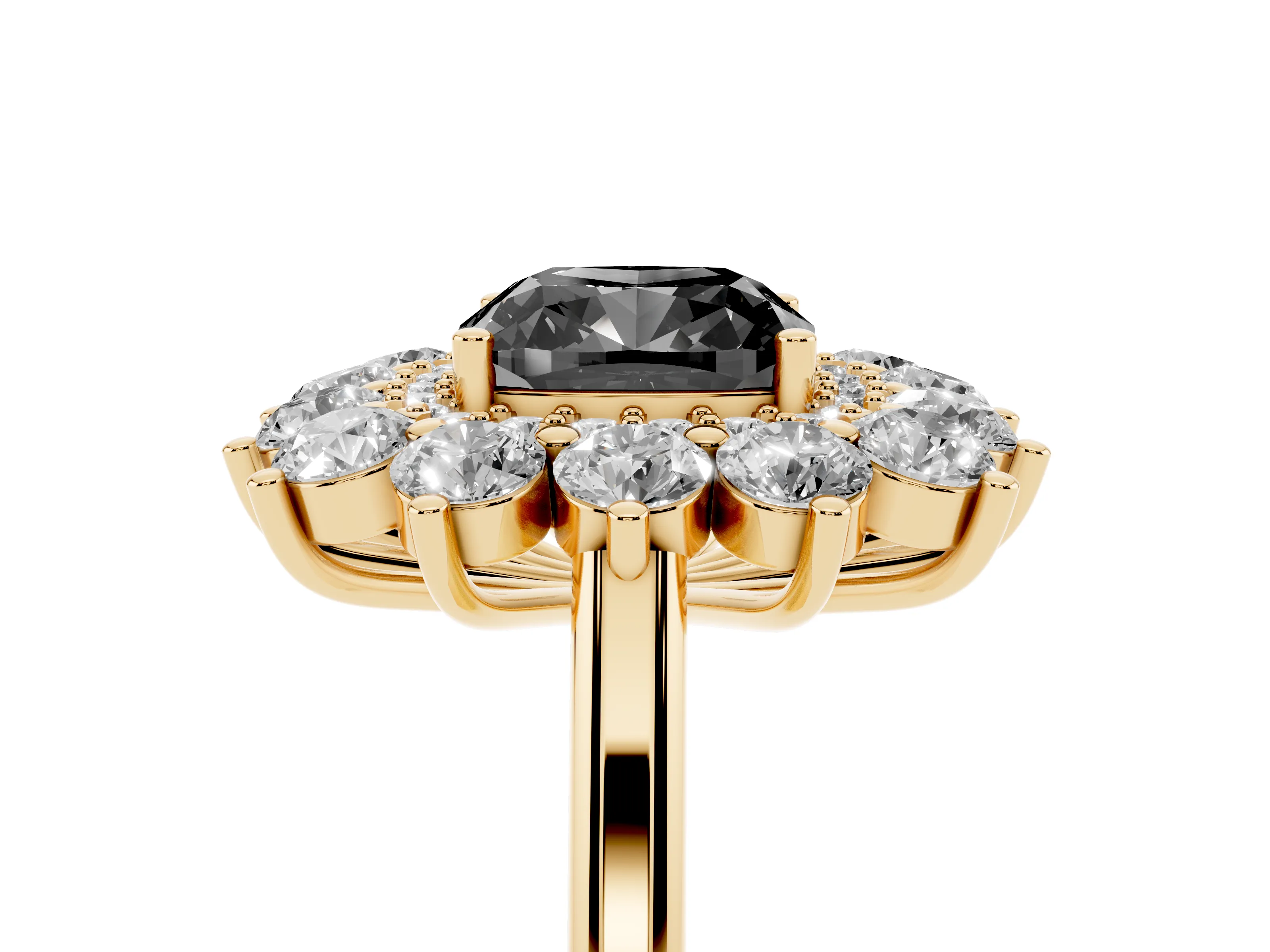 Fancy Black Cushion Cut Diamond Floral Double Halo Ring Set in Yellow gold with Round Petals