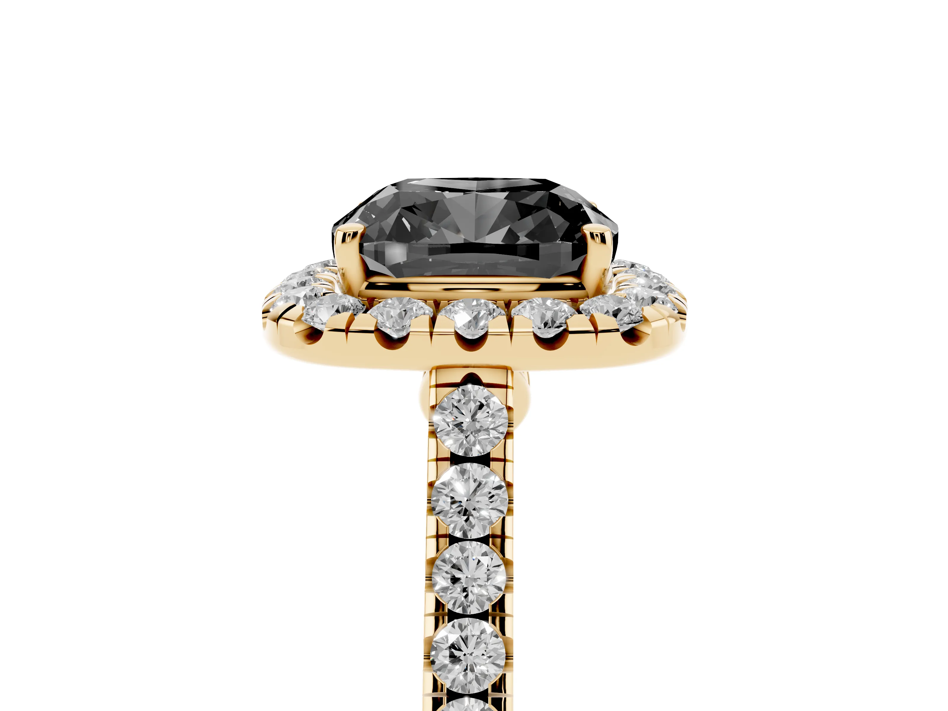 Fancy Black Cushion Cut Diamond Halo Pavé Engagement Ring Set in Yellow gold with Prong Setting