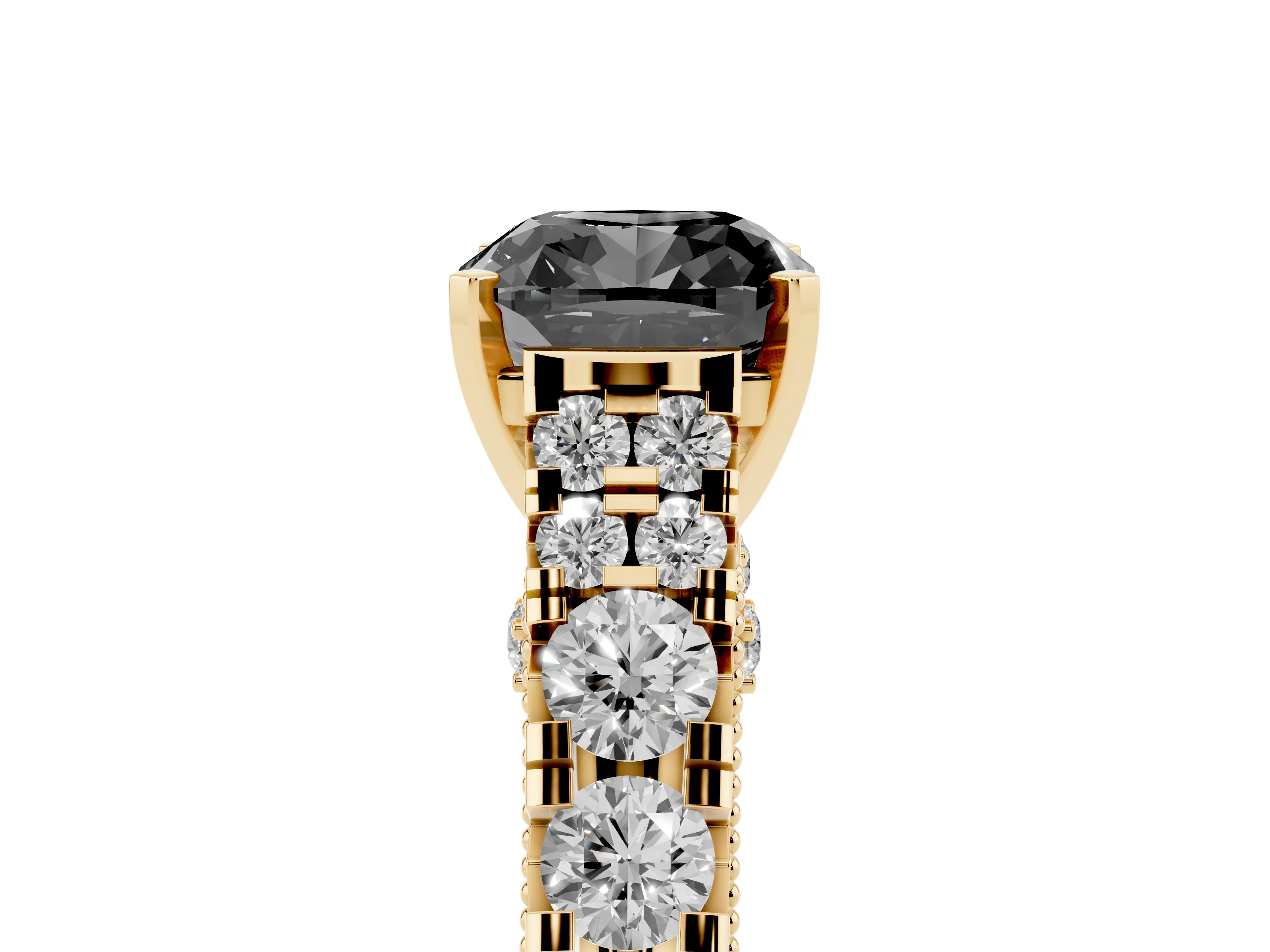 Fancy Black Cushion Cut Diamond Classic Solitaire Ring Set in Yellow gold with Pavé Band and Prong Setting