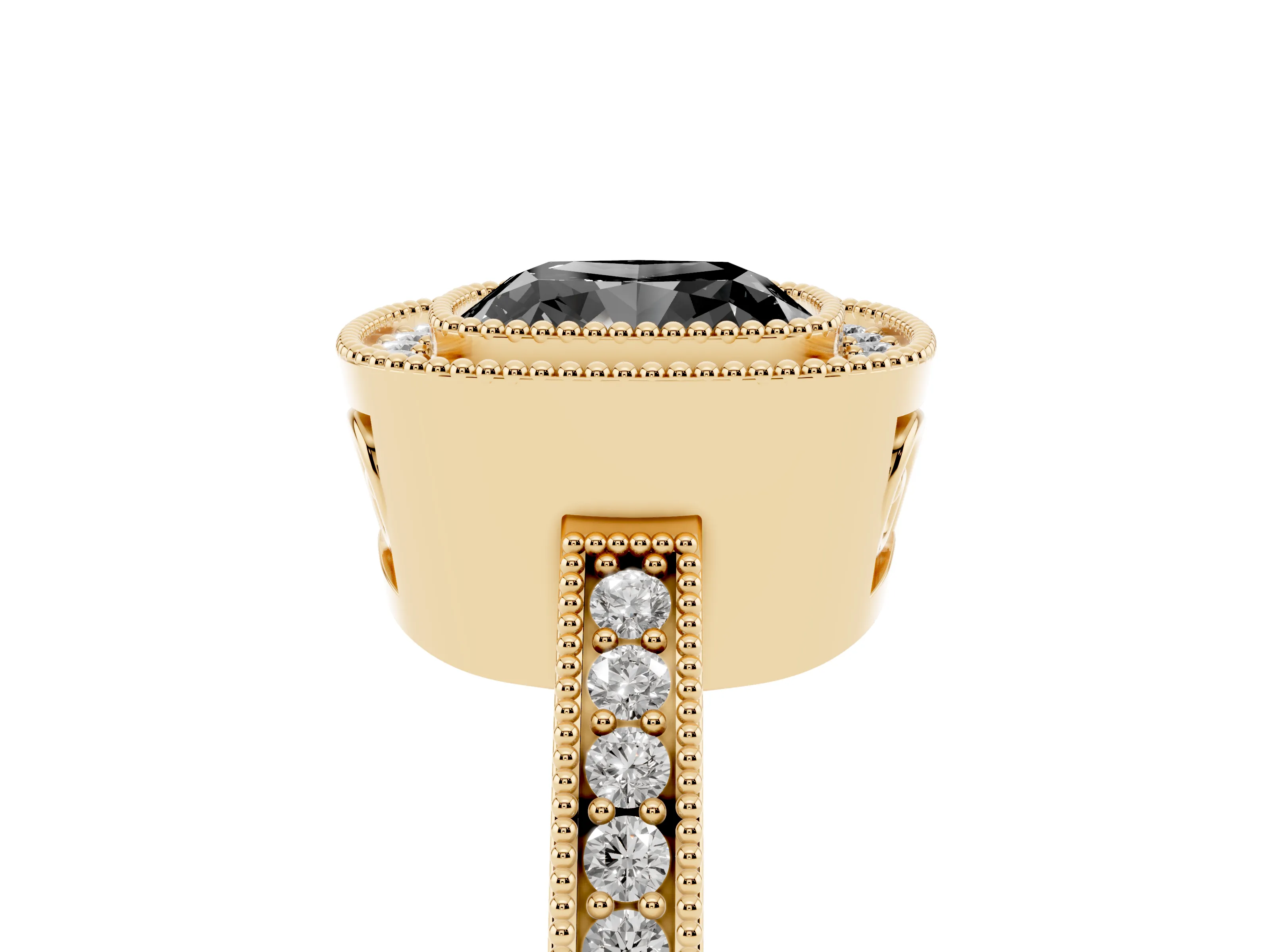 Fancy Black Cushion Cut Diamond Round Halo Ring Set in Yellow gold with Pavé Band