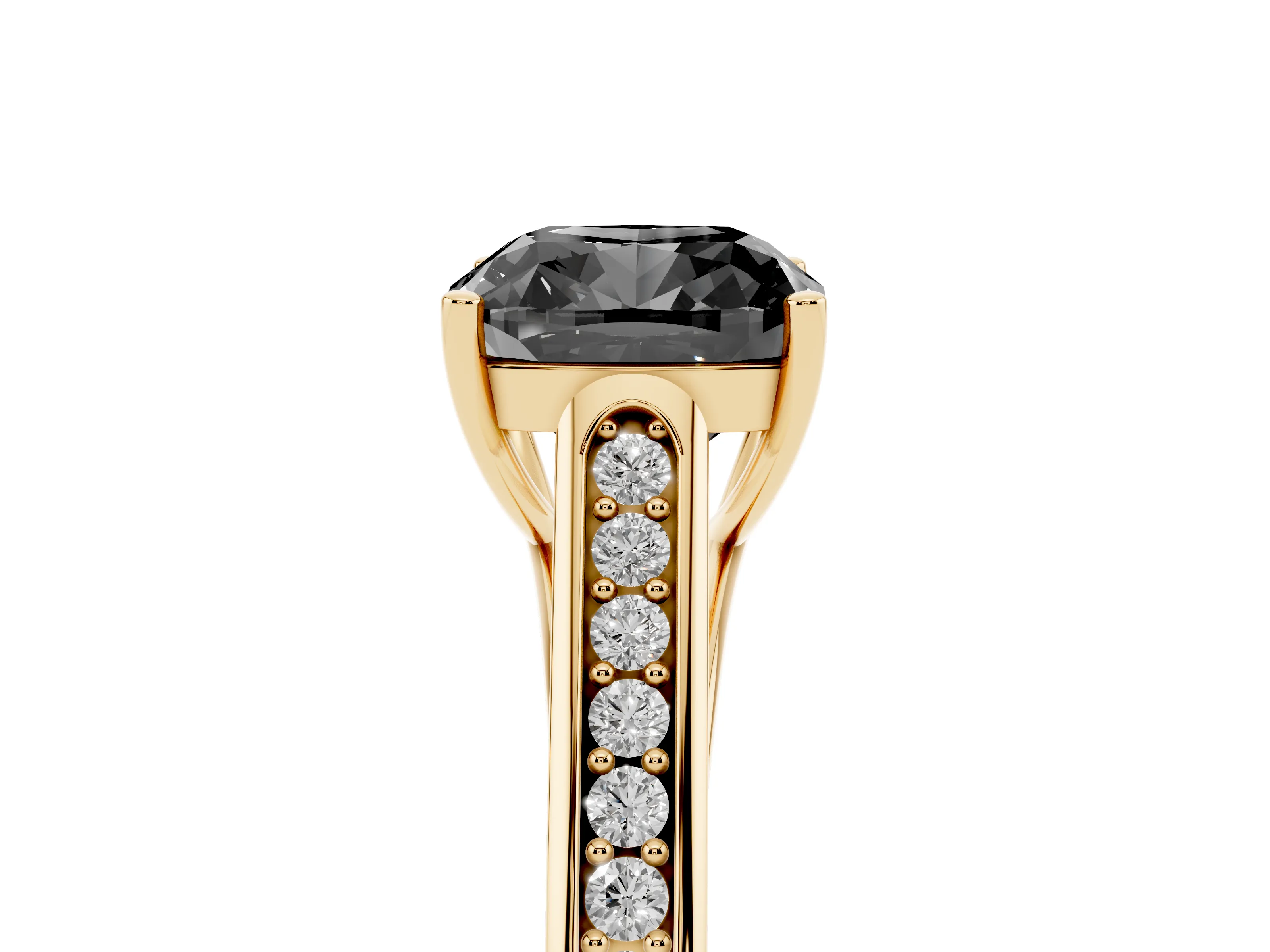 Fancy Black Cushion Cut Diamond Solitaire Cathedral Engagement Ring Set in Yellow gold with Channel-Set Band and Prong Setting