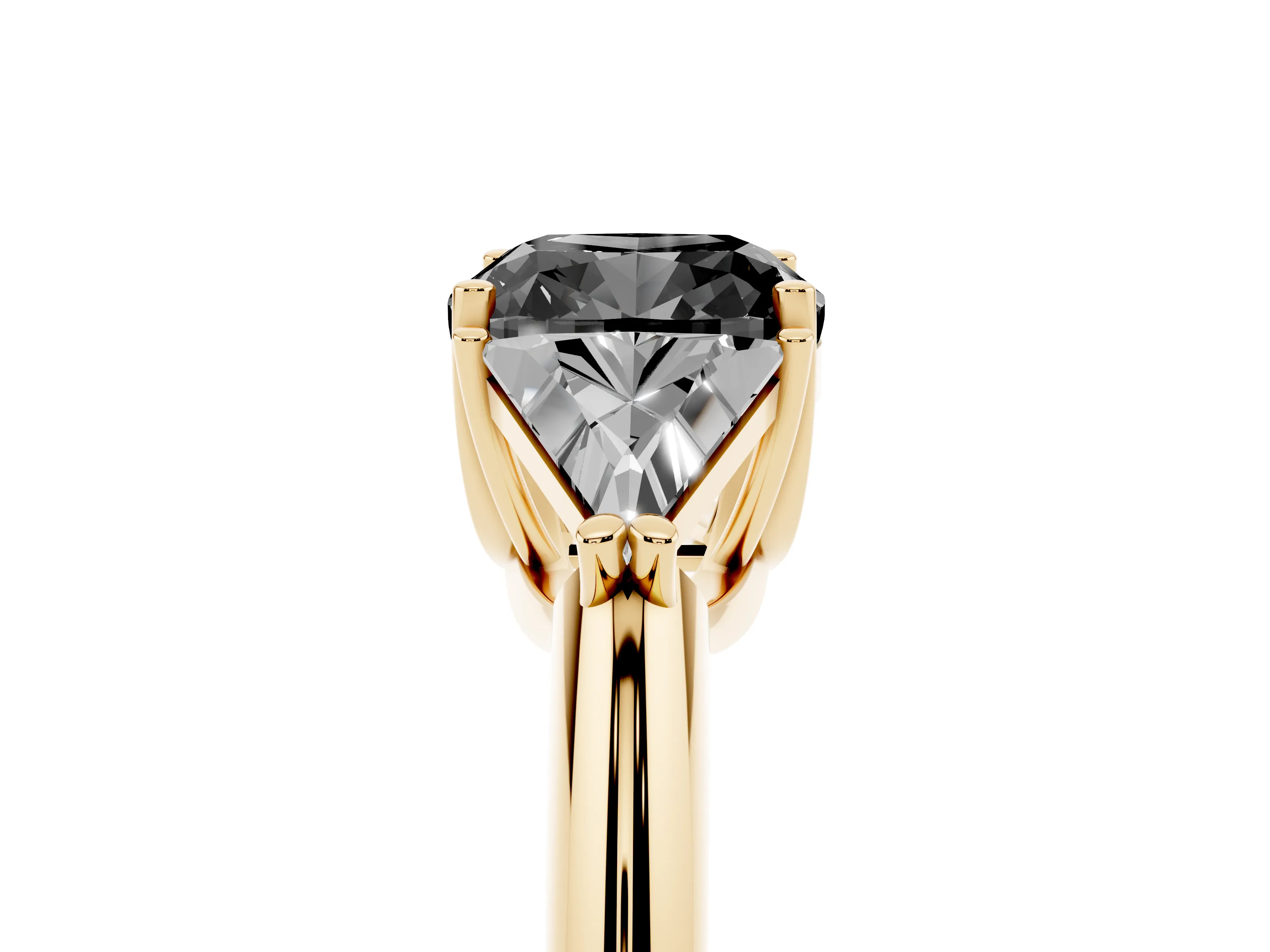 Fancy Black Cushion Cut Diamond Three-Stone Engagement Ring Set in Yellow gold with Trillion Side Stones