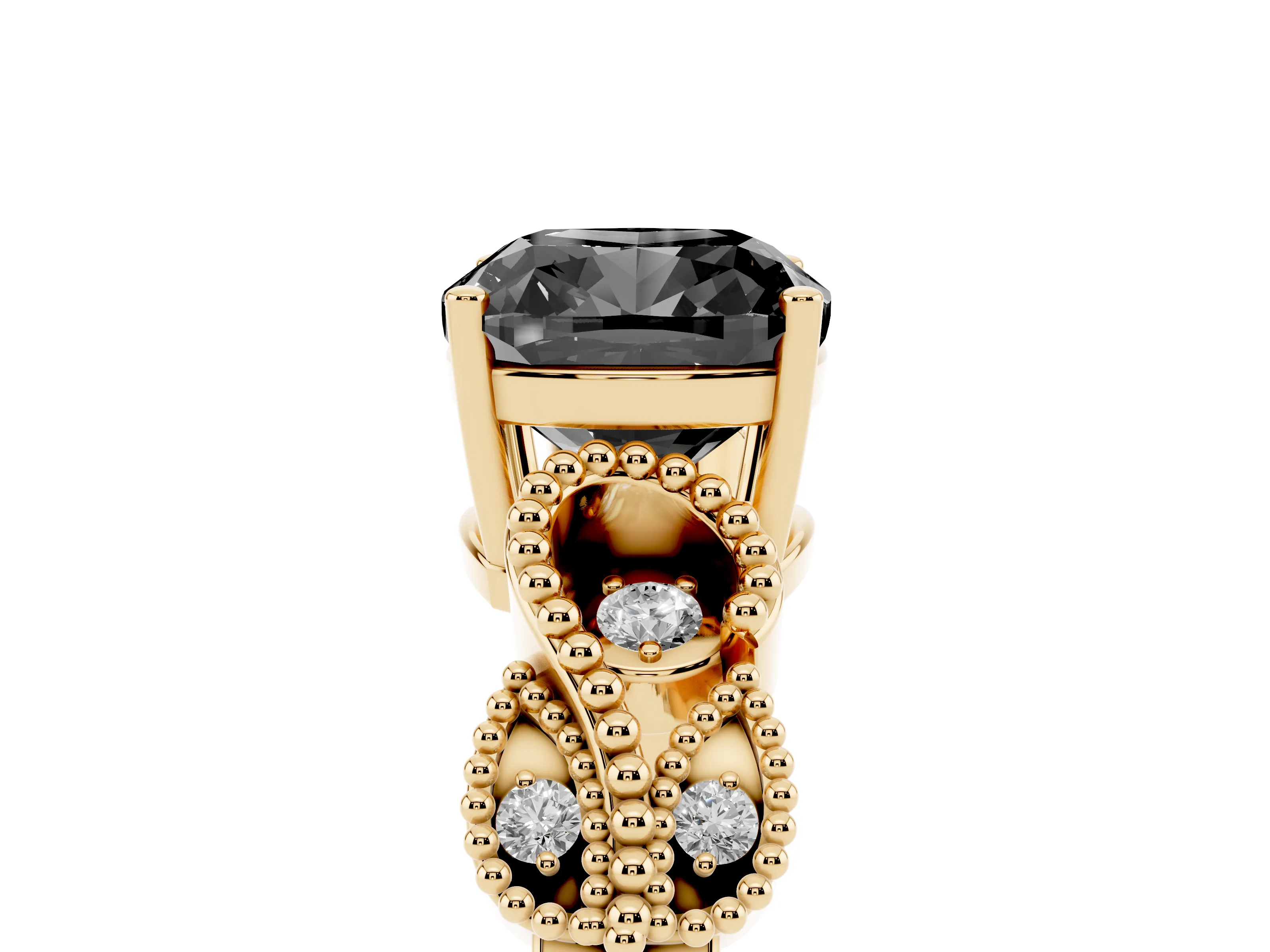 Fancy Black Cushion Cut Diamond Milgrain Leaf Band Solitaire Ring Set in Yellow gold with Accent Stones and Prong Setting