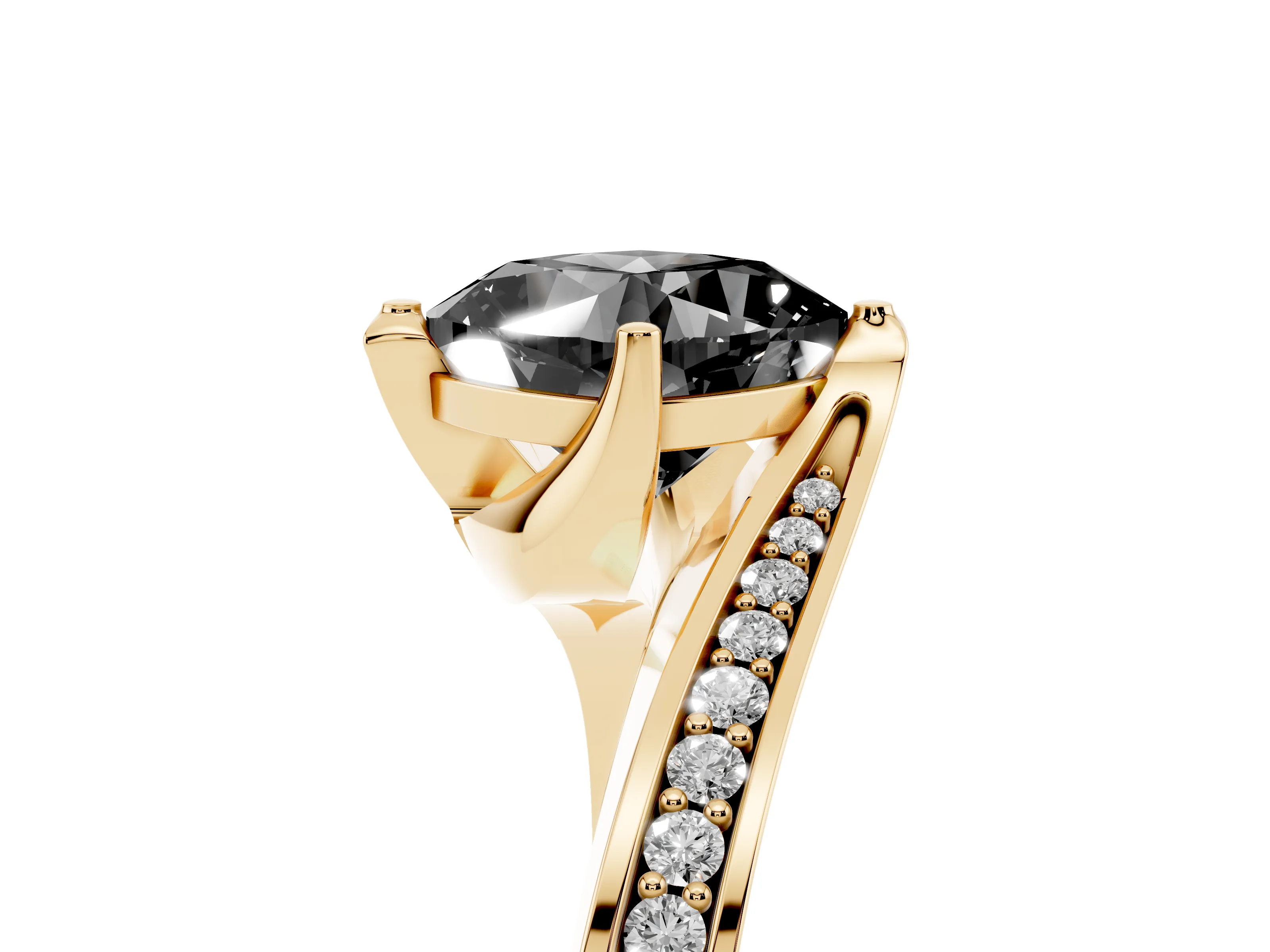 Fancy Black Cushion Cut Diamond Solitaire Ring Set in Yellow gold with Intertwined Pavé Twist Band