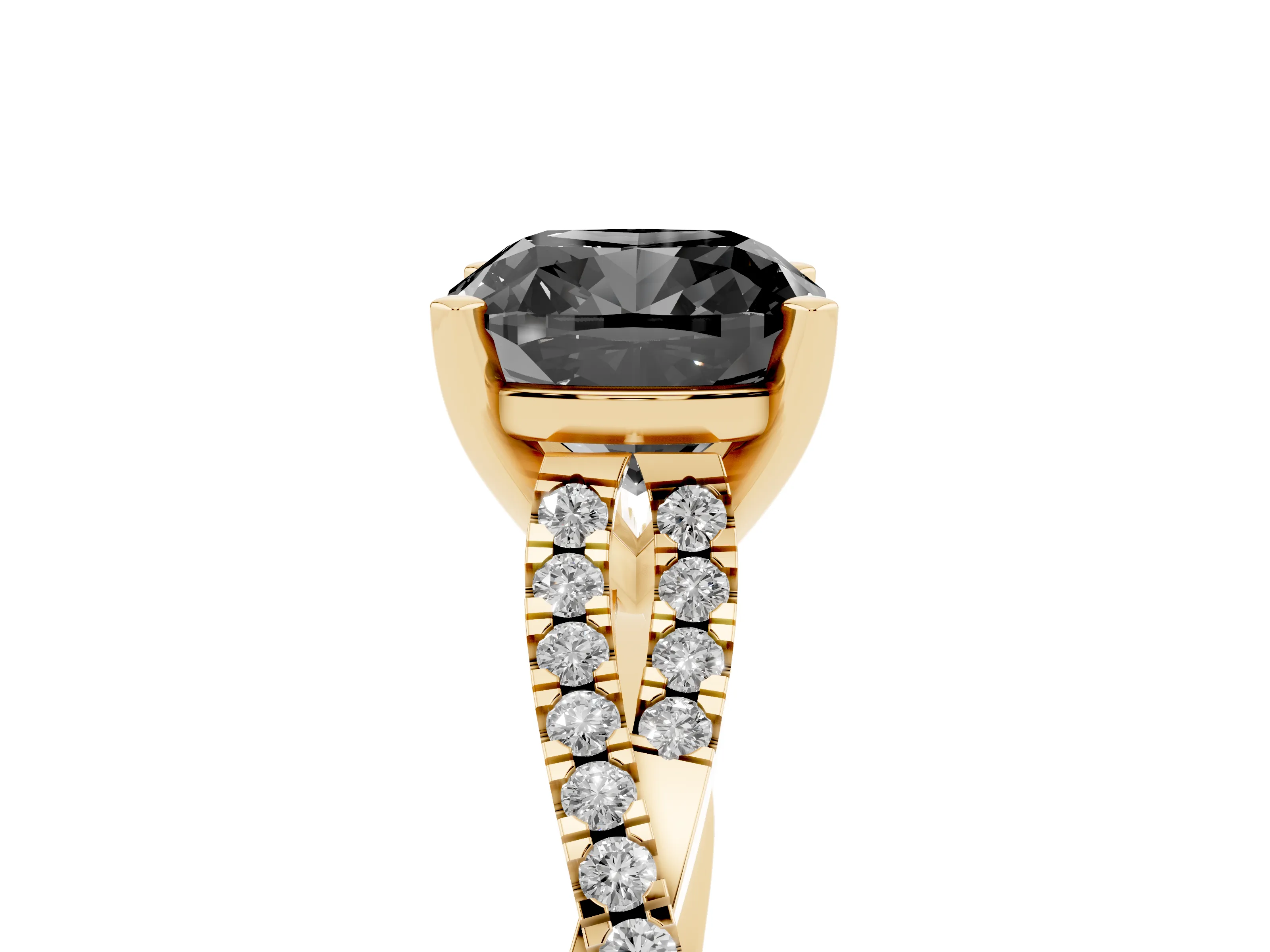 Fancy Black Cushion Cut Diamond Solitaire Engagement Ring Set in Yellow gold with Twisted Pavé Band and Prong Setting