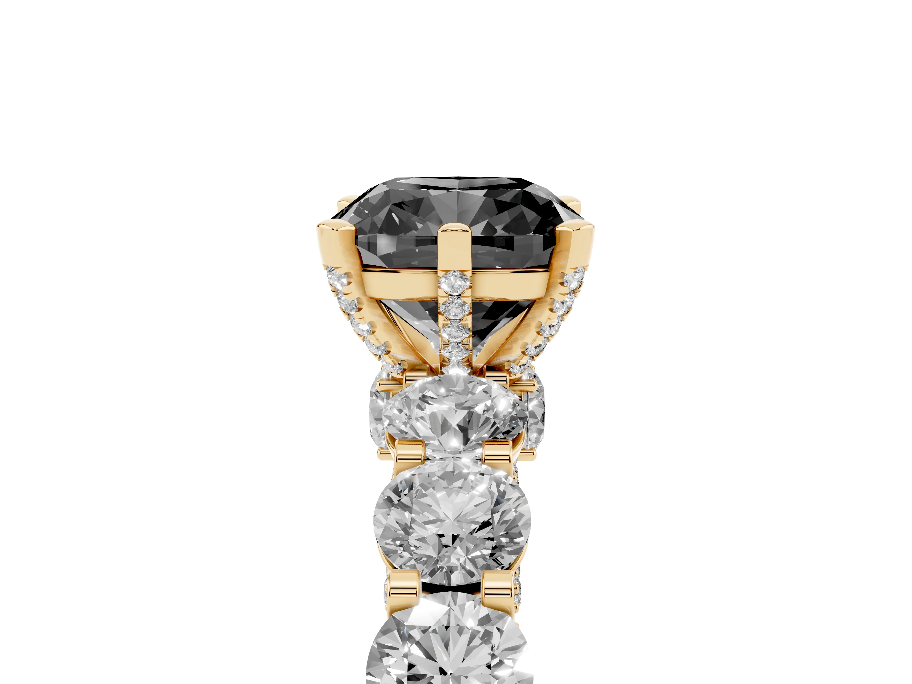 Fancy Black Cushion Cut Diamond Side Stone Ring Set in Yellow gold with Alternating Round and Oval Side Stones