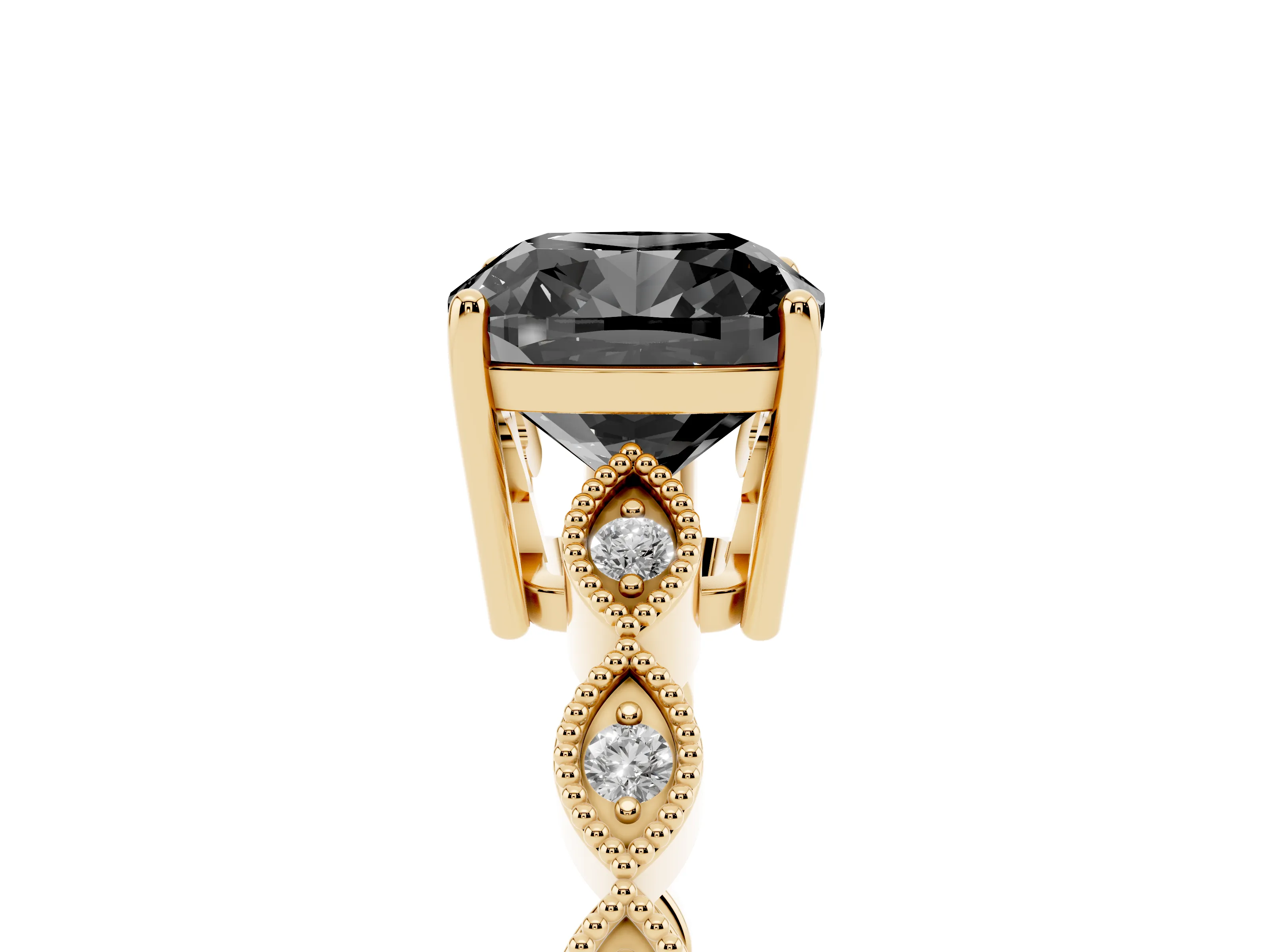 Fancy Black Cushion Cut Diamond Solitaire Ring Set in Yellow gold with Infinity Twist Pavé Band