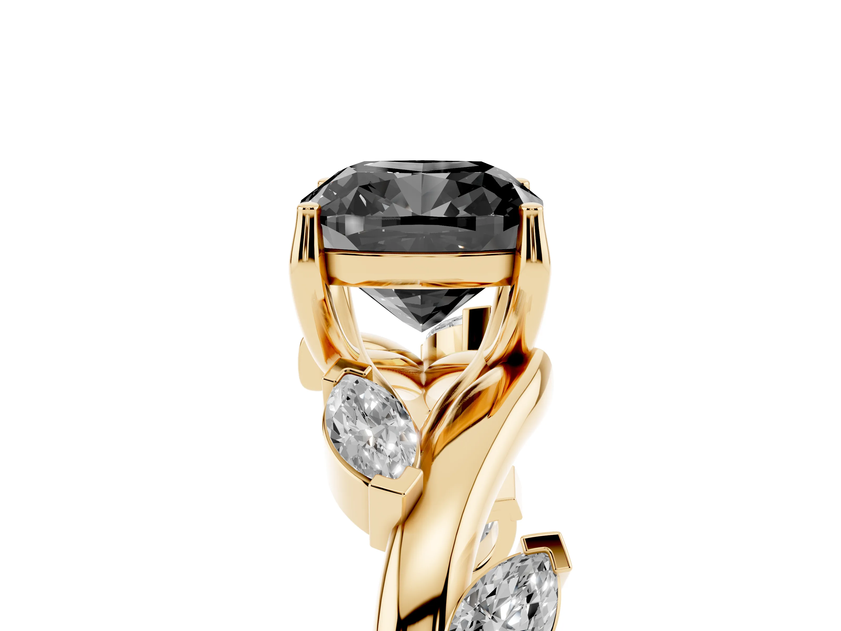 Fancy Black Cushion Cut Diamond Solitaire Ring Set in Yellow gold with Twisted Marquise Accent Band