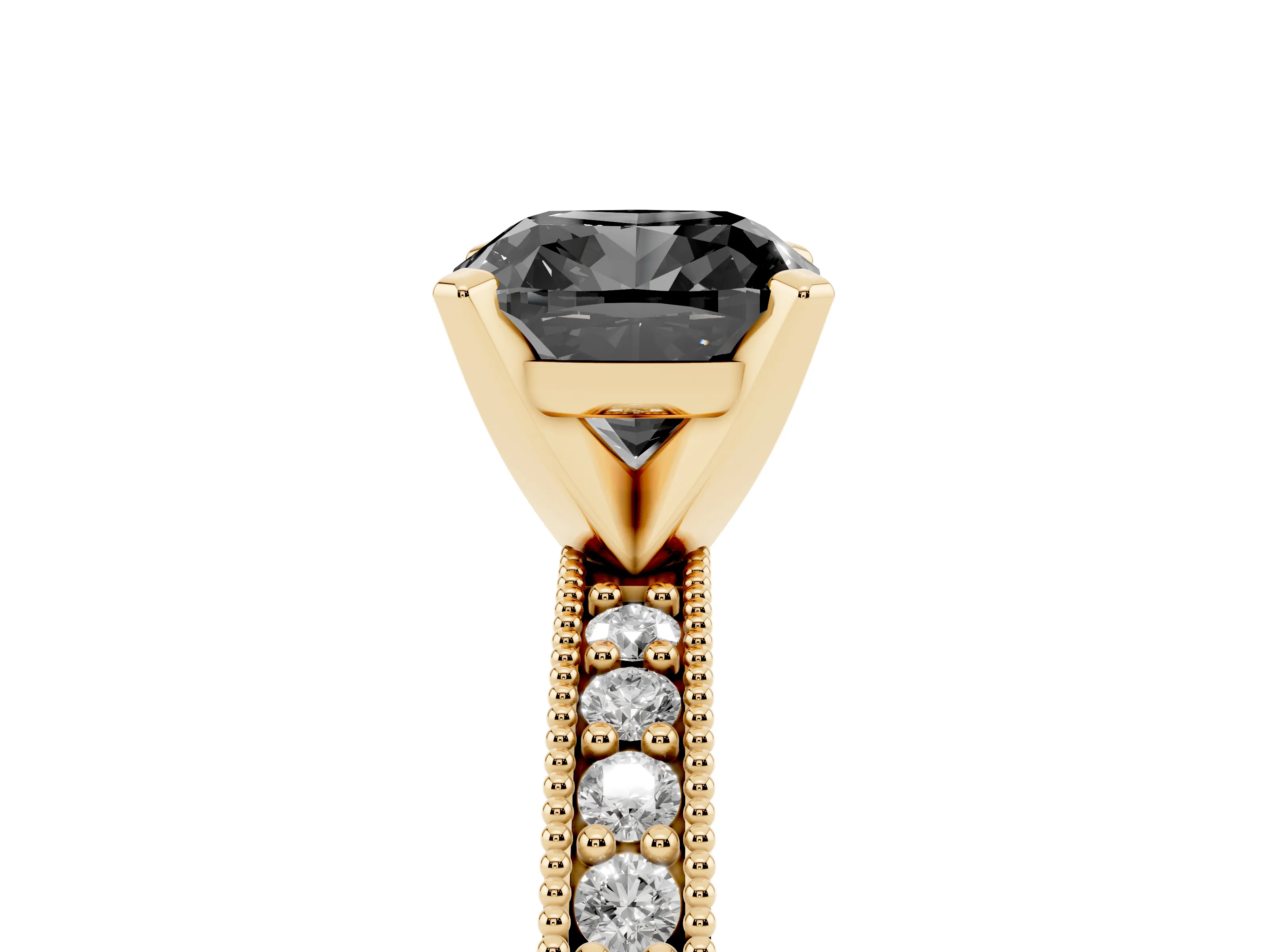 Fancy Black Cushion Cut Diamond Milgrain Pavé Engagement Ring Set in Yellow gold with Prong Setting