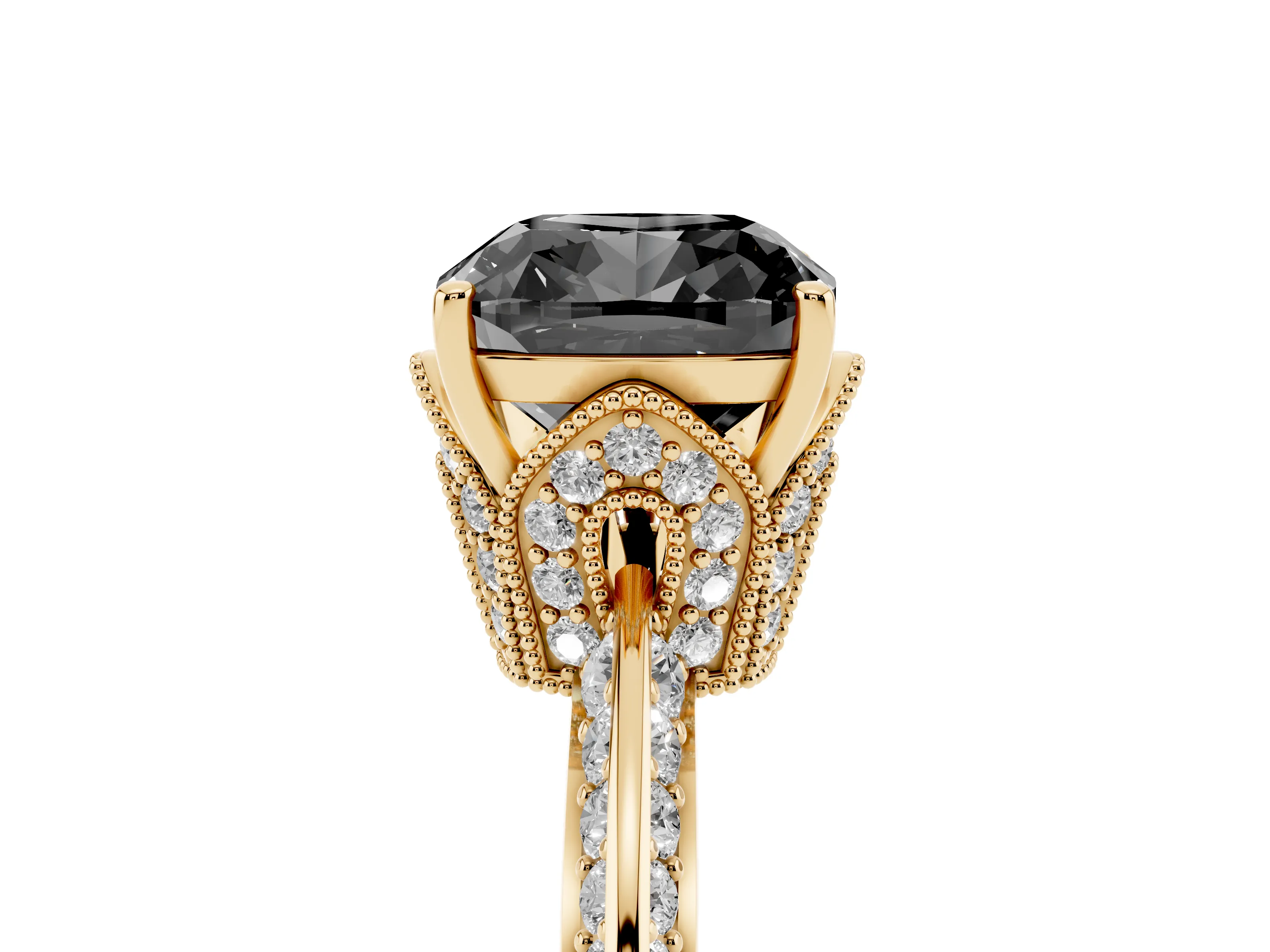 Fancy Black Cushion Cut Diamond Solitaire Engagement Ring Set in Yellow gold with Pavé Split Shank and Prong Setting