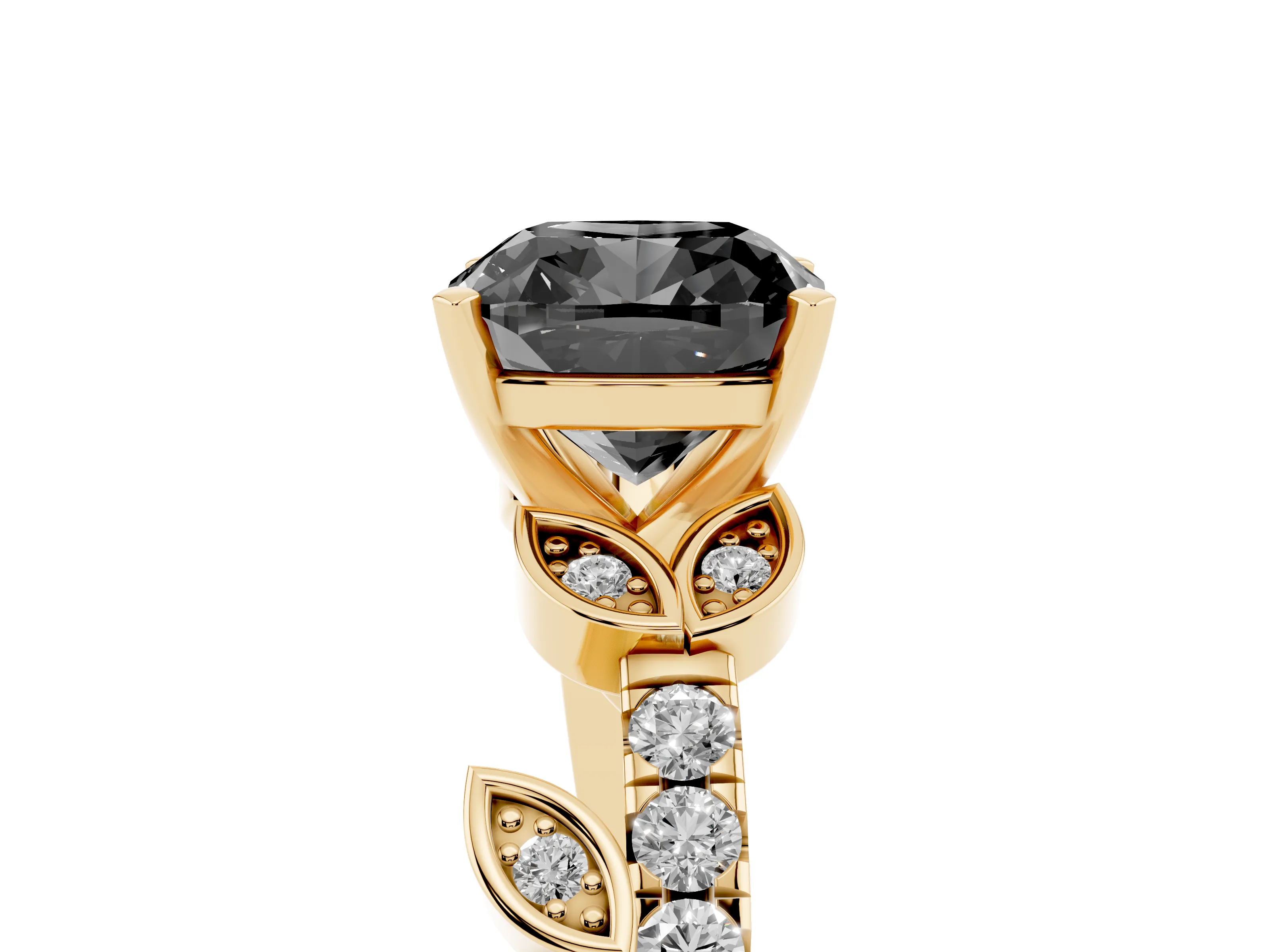 Fancy Black Cushion Cut Diamond Solitaire Leaf-Inspired Ring Set in Yellow gold with Pavé Band and Prong Setting