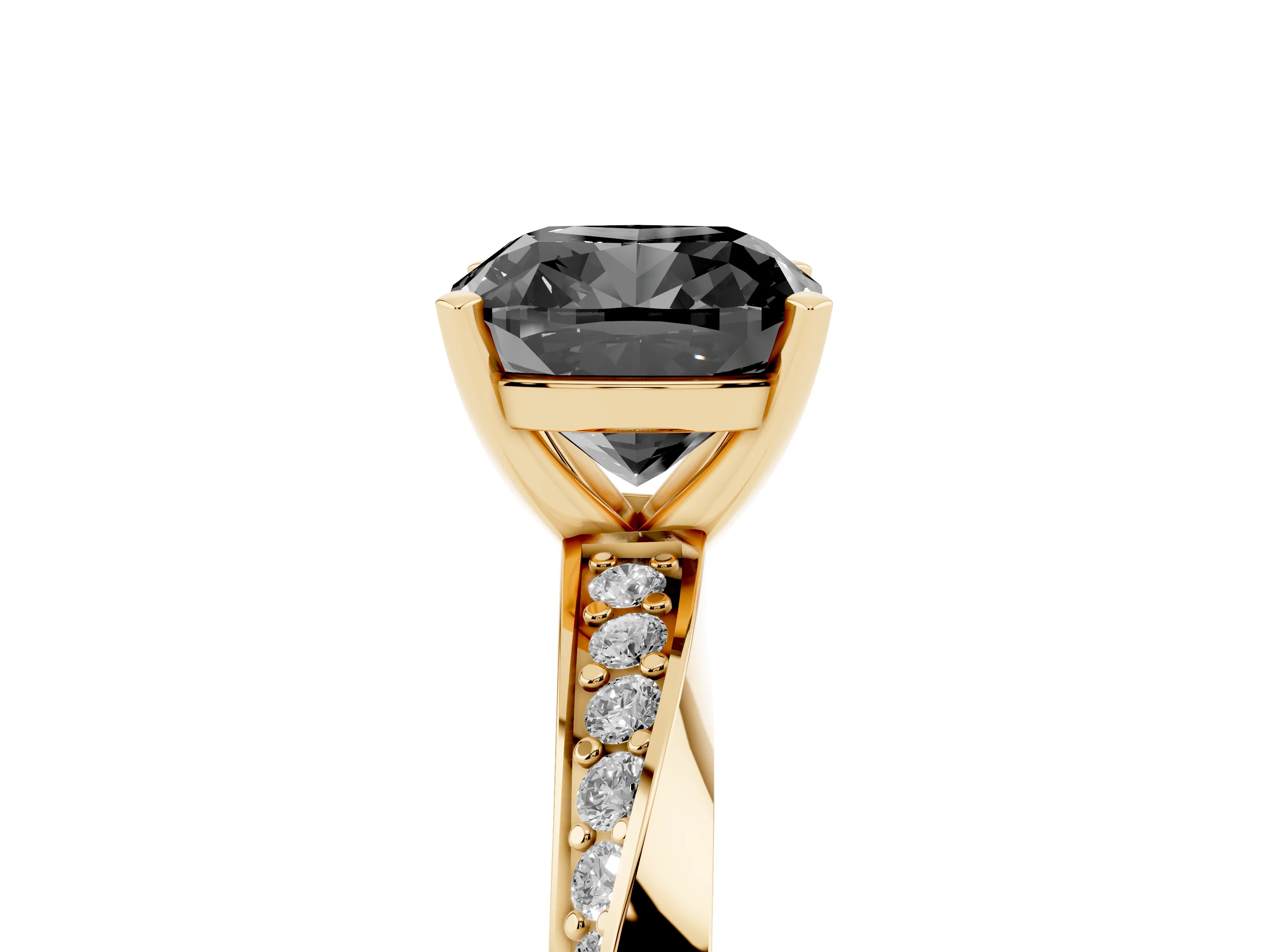 Fancy Black Cushion Cut Diamond Engagement Ring Set in Yellow gold with Side Stone Accents and Prong Setting