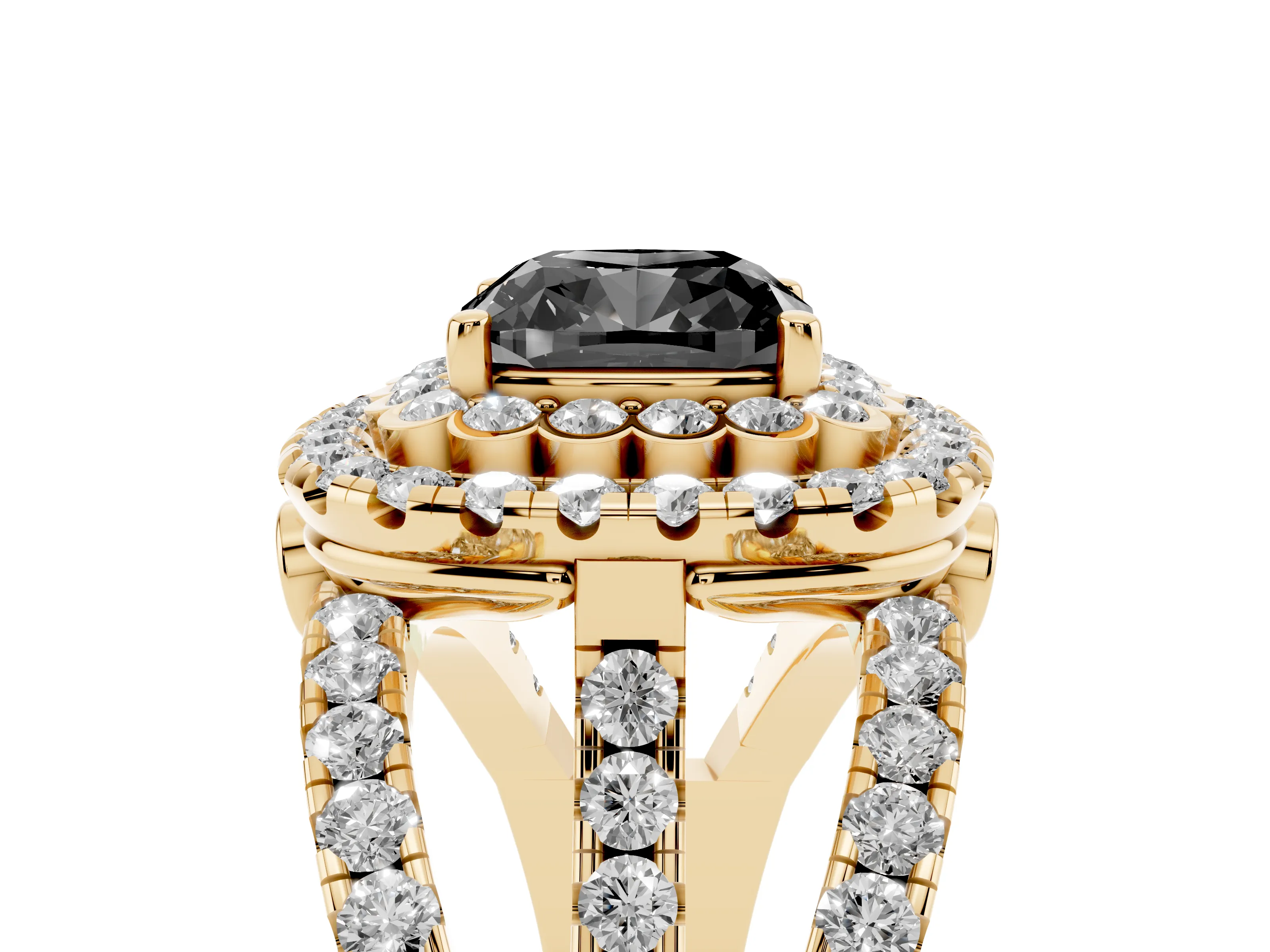 Fancy Black Cushion Cut Diamond Double Halo Ring Set in Yellow gold with Round Pavé Split Shank