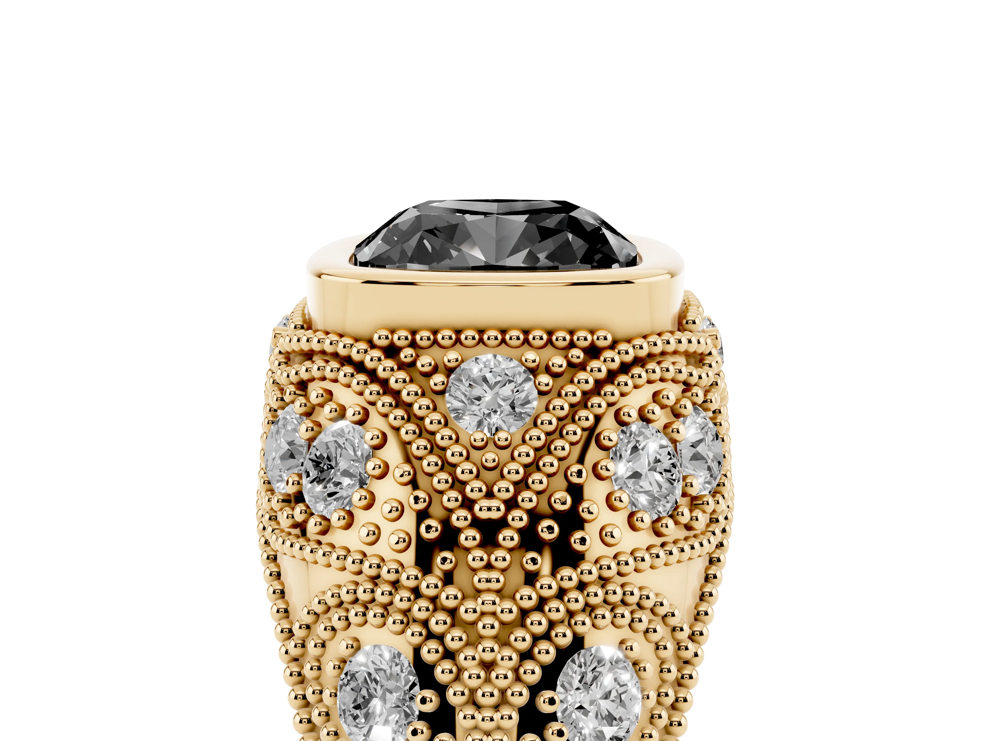 Fancy Black Cushion Cut Diamond Bezel Ring Set in Yellow gold with Milgrain Accent Band