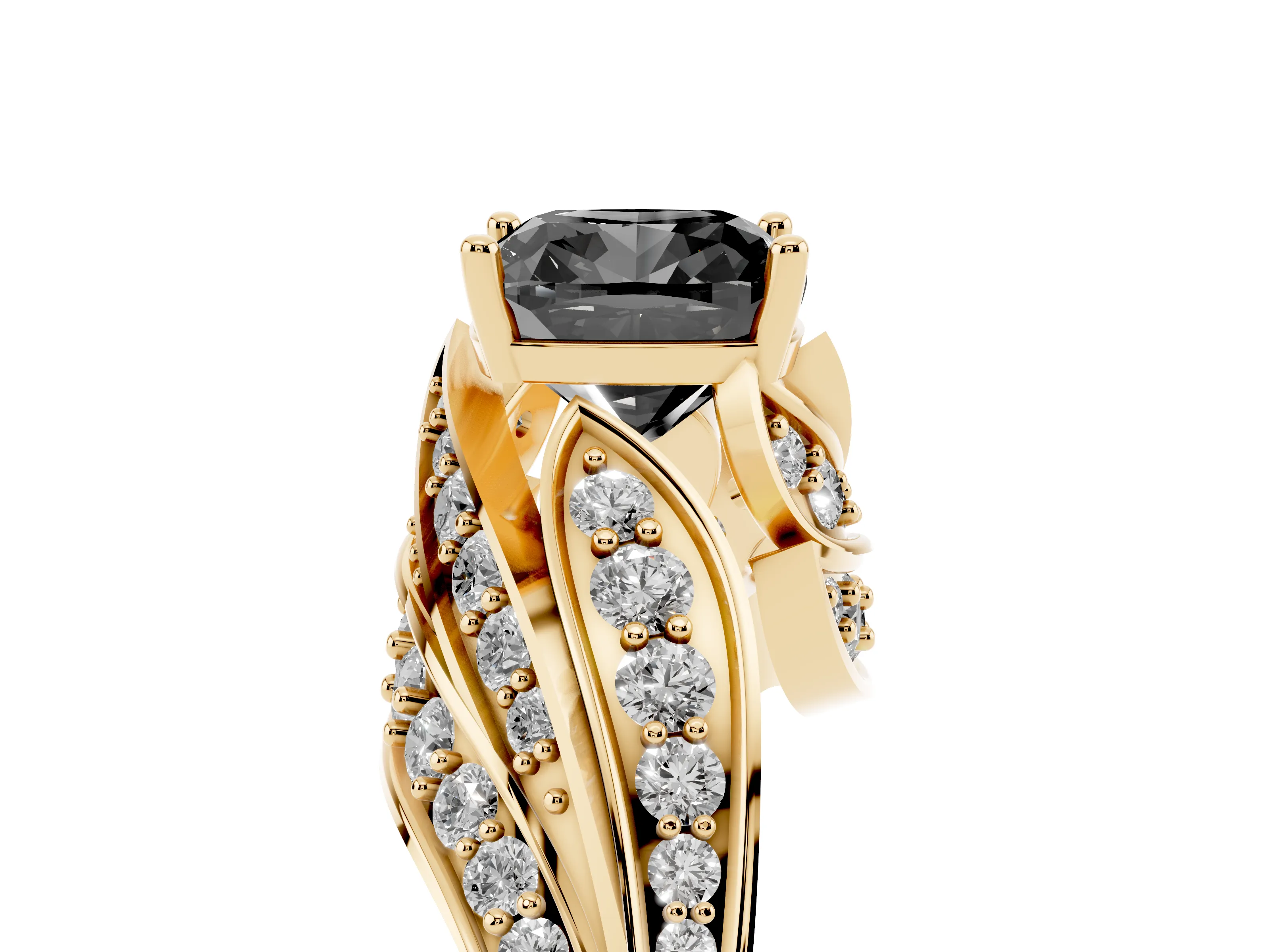 Fancy Black Cushion Cut Diamond Solitaire Ring Set in Yellow gold with Layered Twist Pavé Band
