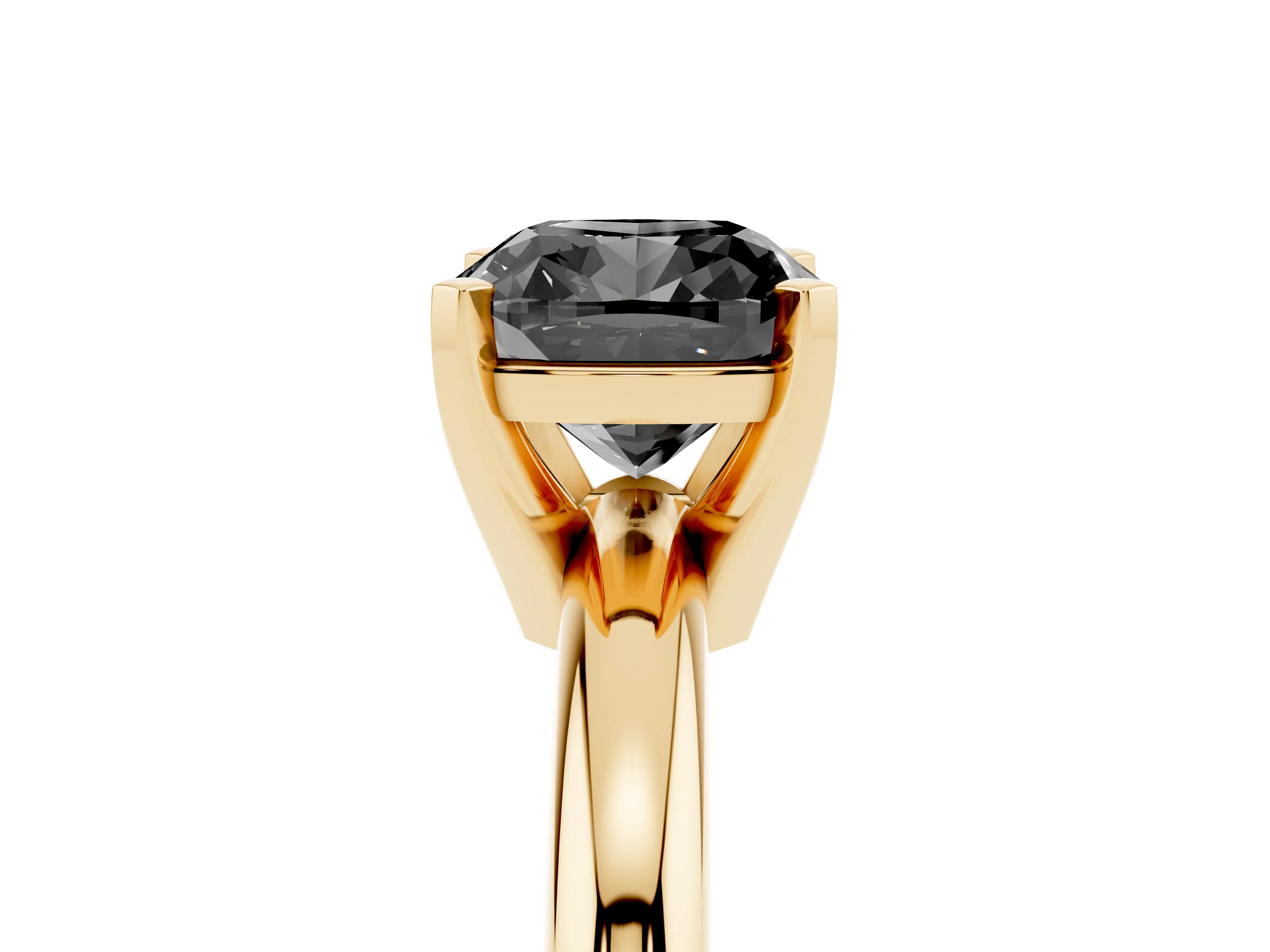 Fancy Black Cushion Cut Diamond Solitaire Engagement Ring Set in Yellow gold with Round Band and Prong Setting