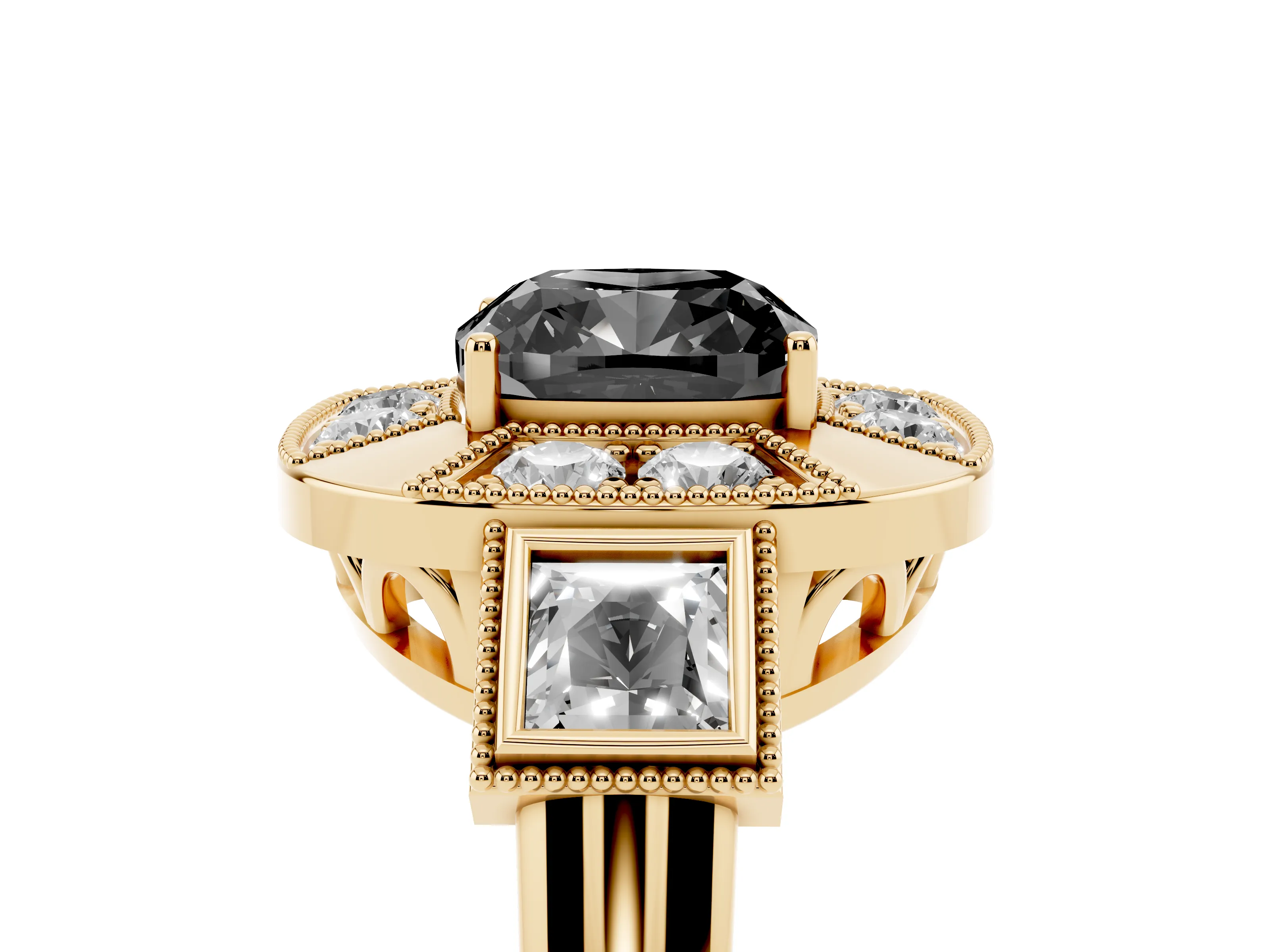 Fancy Black Cushion Cut Diamond Milgrain Halo Ring Set in Yellow gold with Split Shank