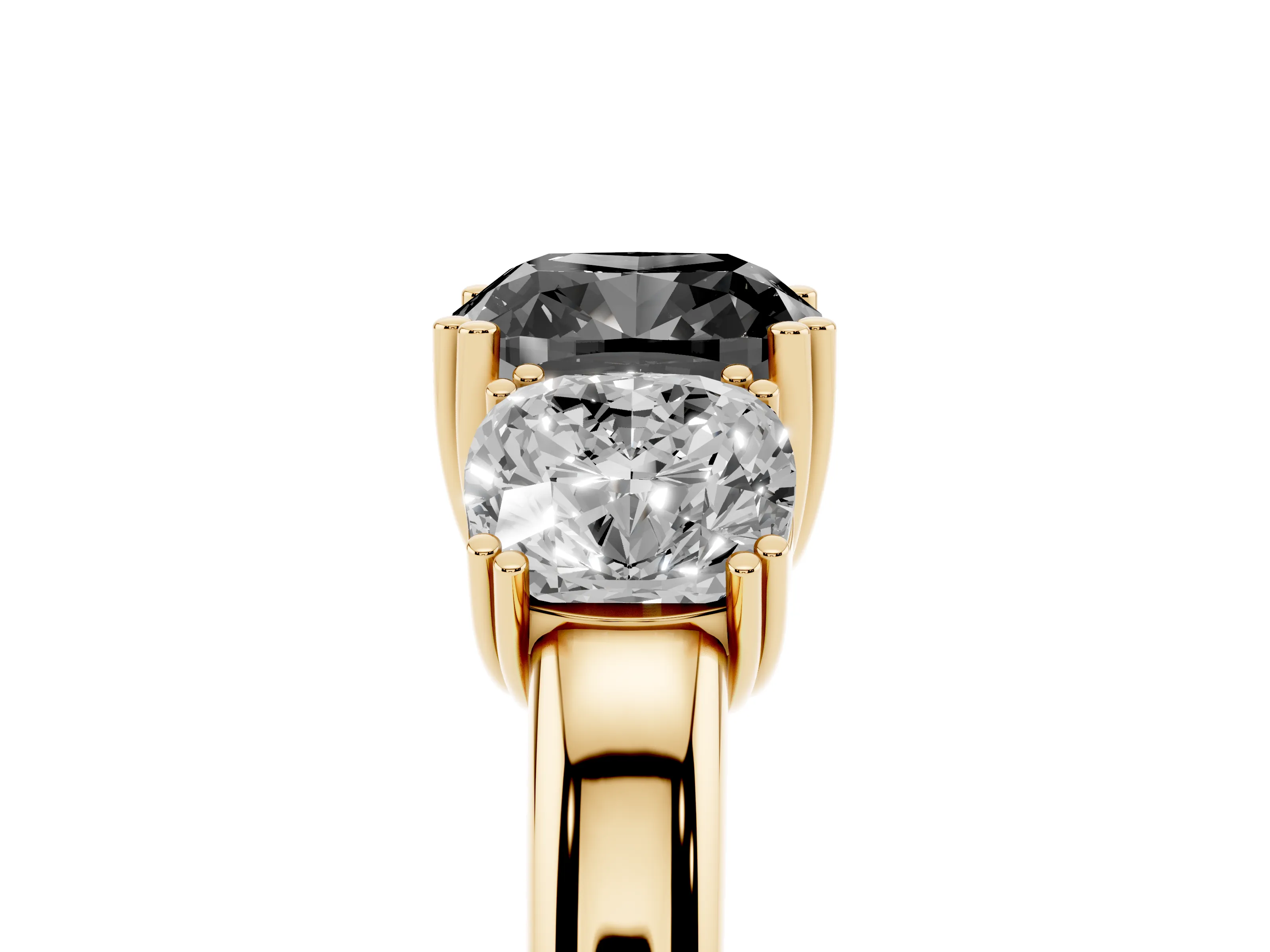 Fancy Black Cushion Cut Diamond Three-Stone Ring Set in Yellow gold with Polished Band and Prong Setting