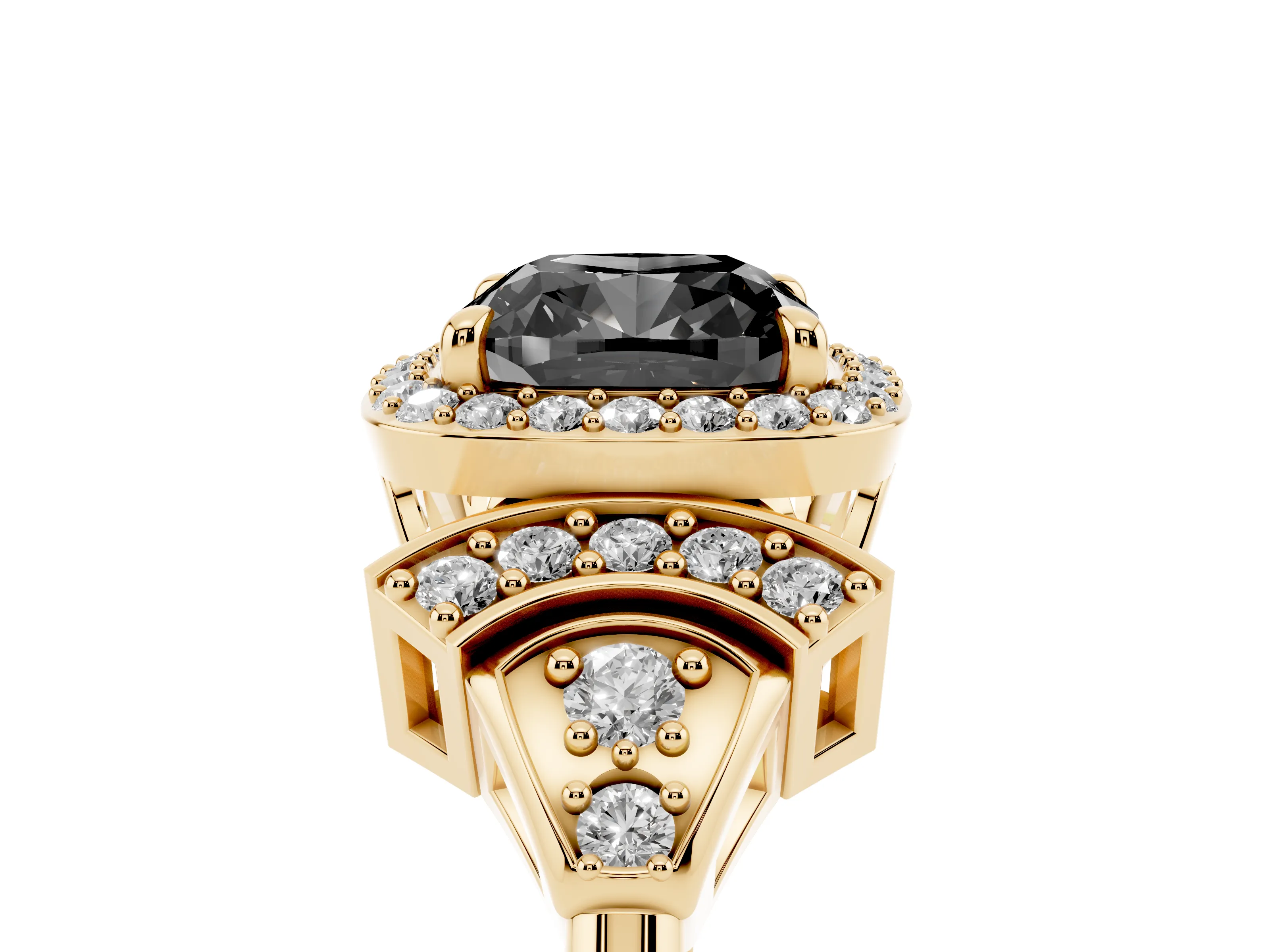Fancy Black Cushion Cut Diamond Halo Engagement Ring Set in Yellow gold with Accent Stone Split Shank